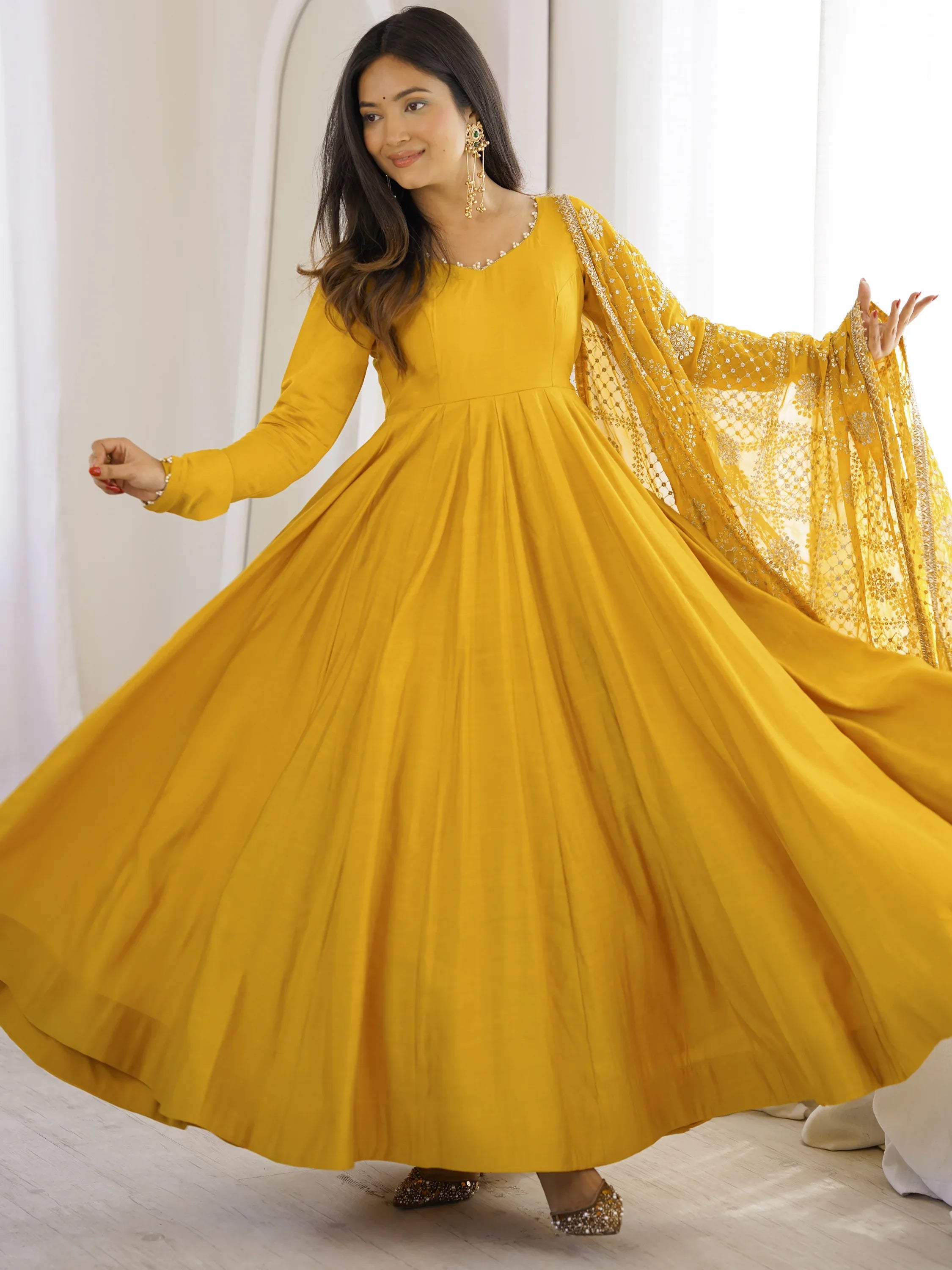 Classic Yellow Silk Haldi Wear Anarkali Suit With Embroidered Dupatta