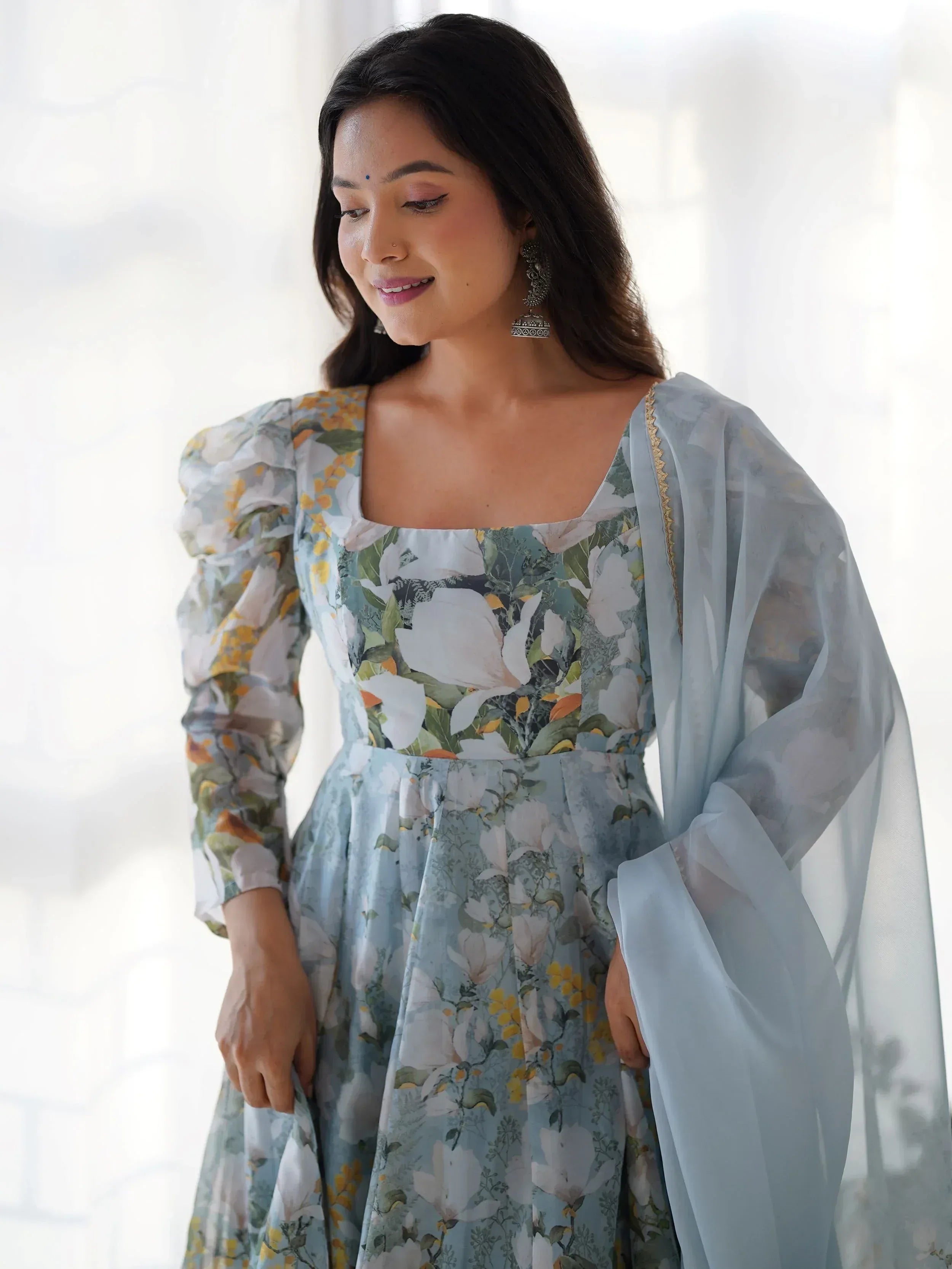 Floral print ethnic gown with puff sleeves and dupatta, perfect for Indian occasions