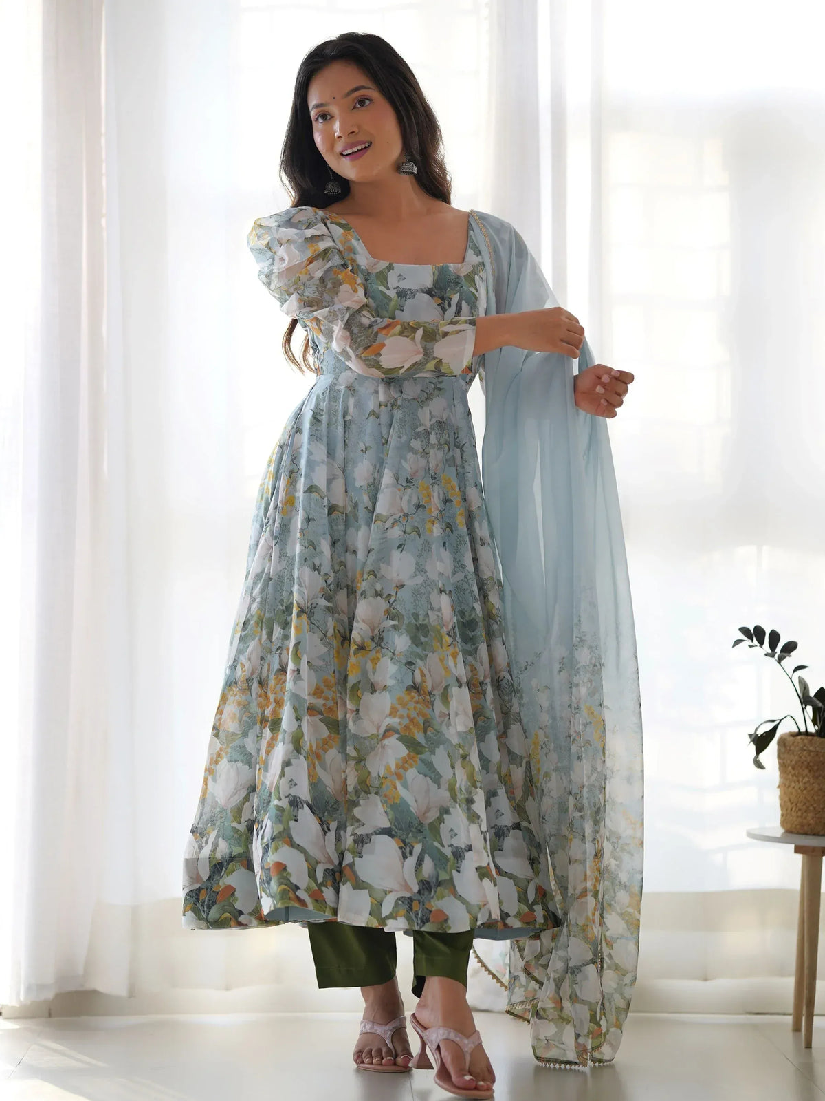 Floral print ethnic anarkali suit with puff sleeves and dupatta, perfect for Indian occasions