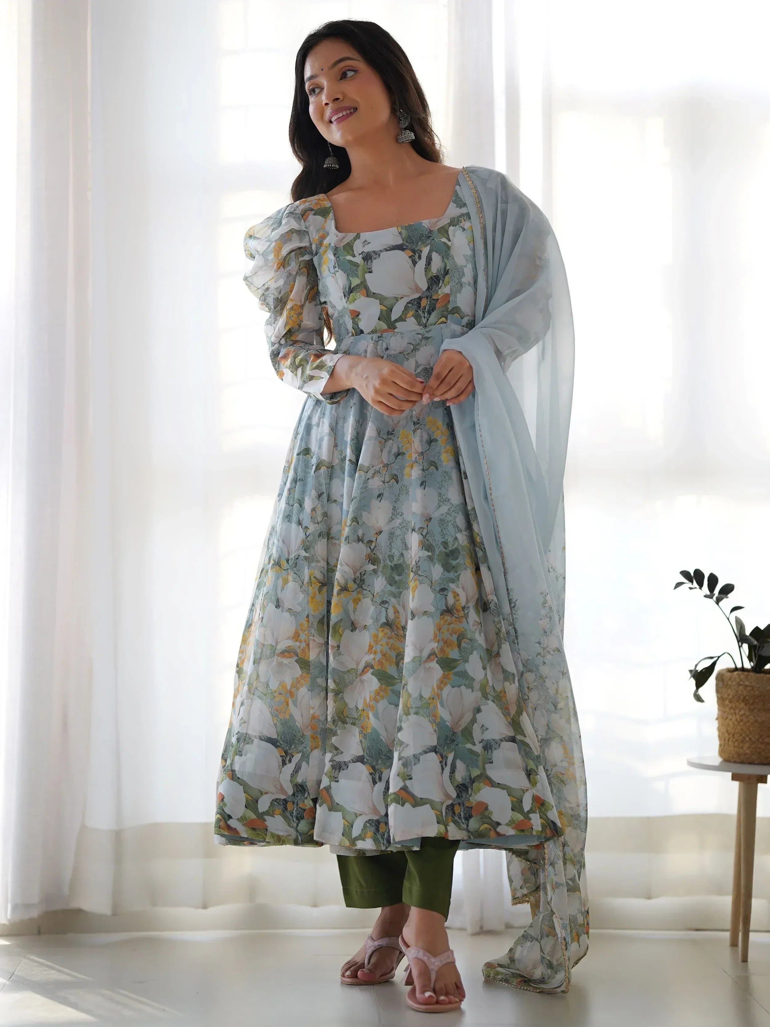 Floral print anarkali suit with puff sleeves and dupatta, ethnic wear for women