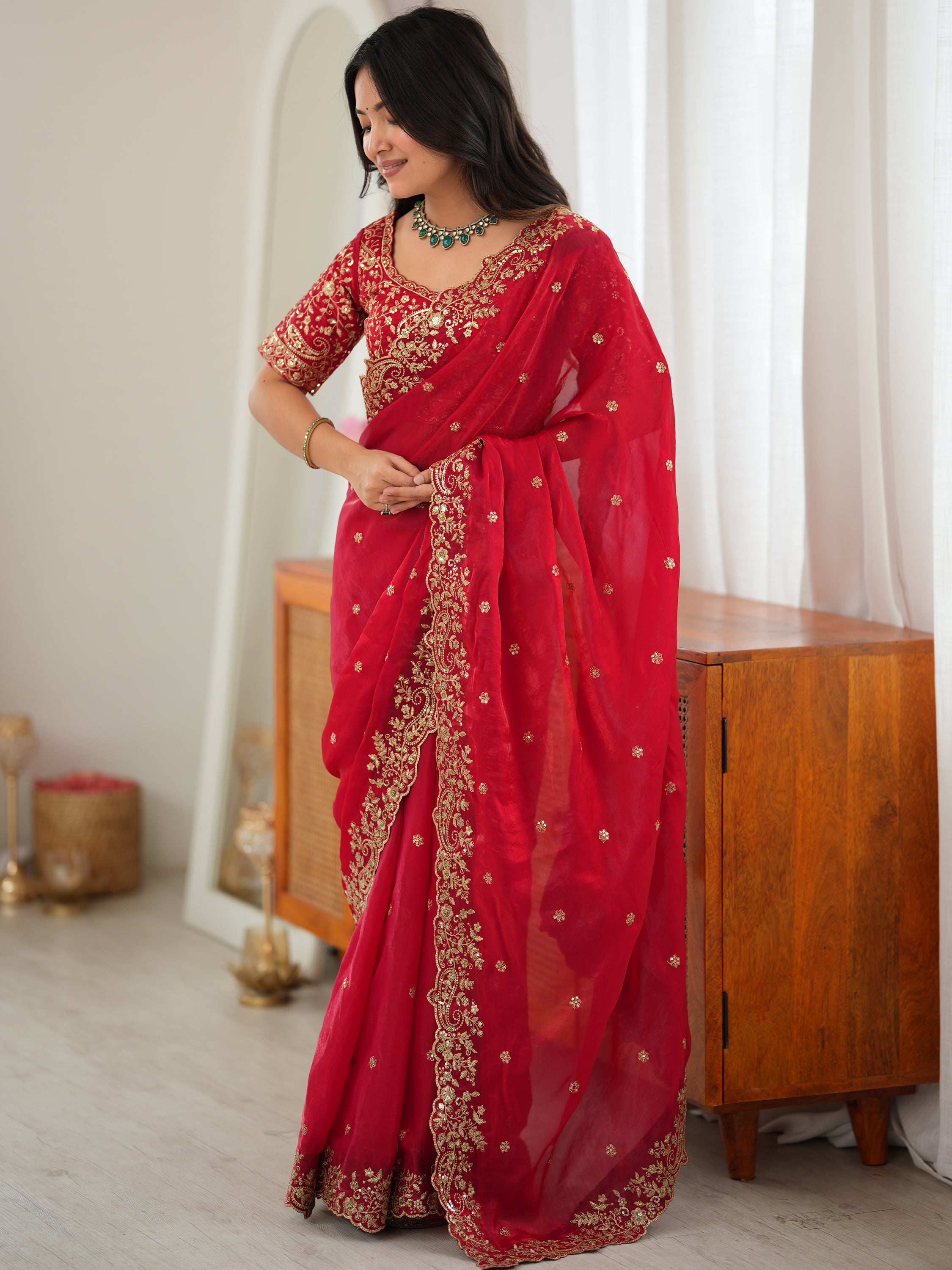 Gorgeous Red Embroidered Silk Marriage Wear Saree With Blouse