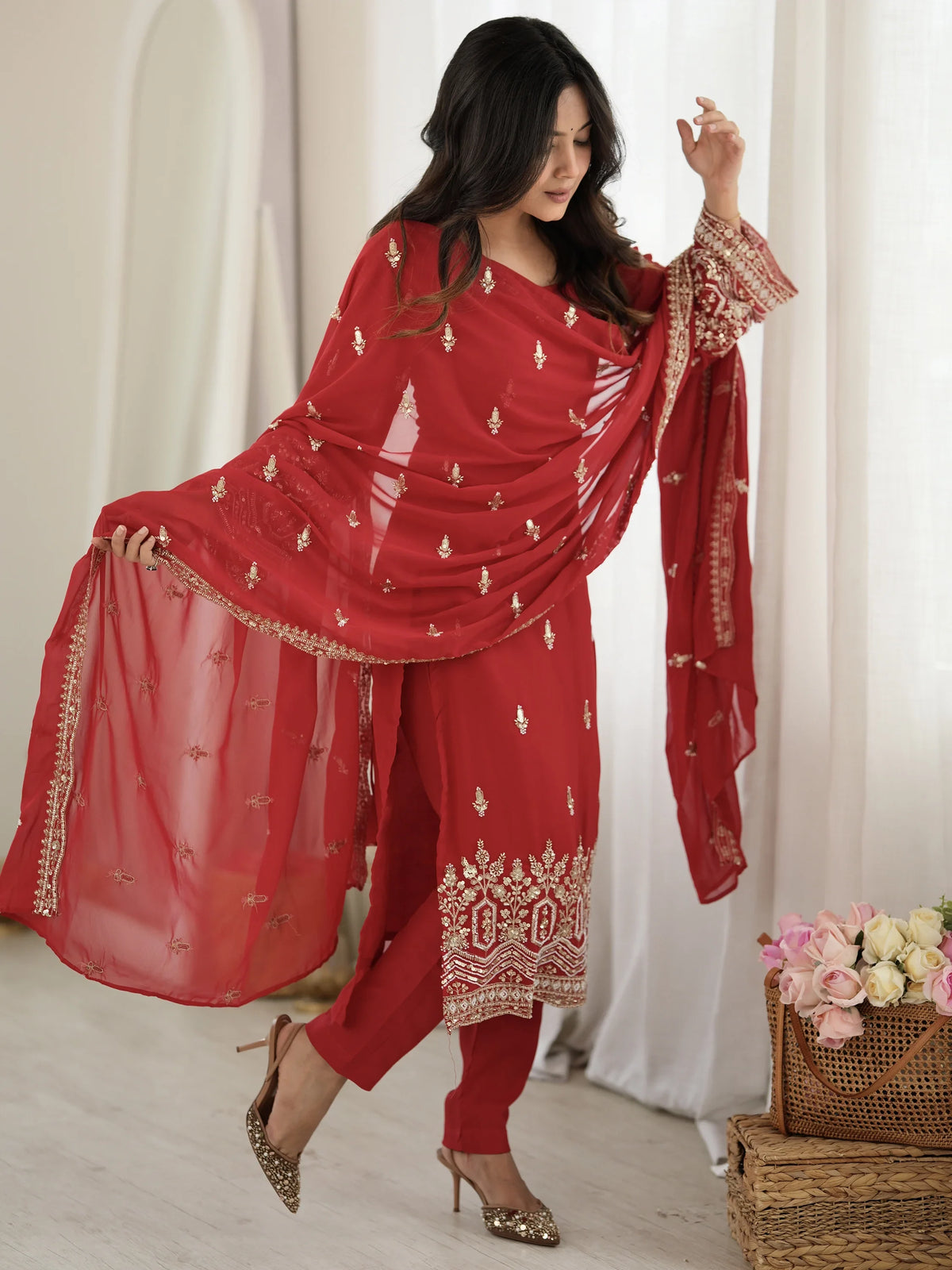 Classic Red Bead Embroidery Georgette Function Wear Salwar Suit
