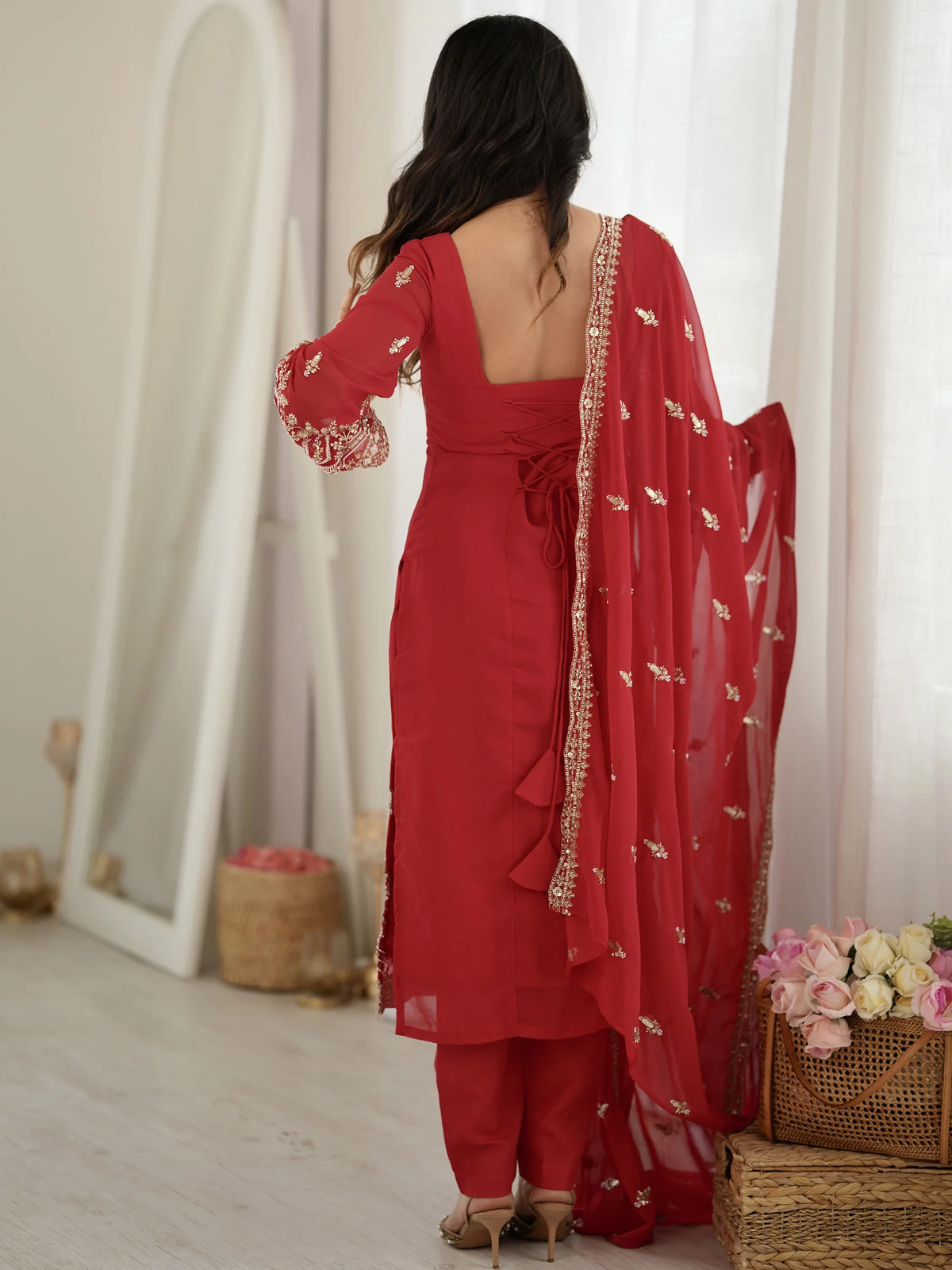 Classic Red Bead Embroidery Georgette Function Wear Salwar Suit