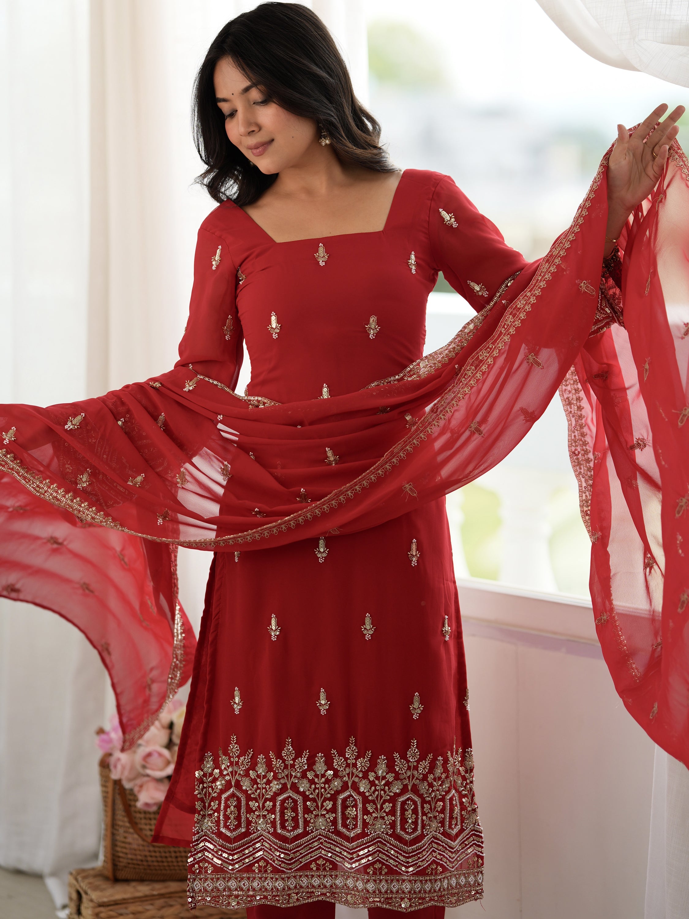 Classic Red Bead Embroidery Georgette Function Wear Salwar Suit