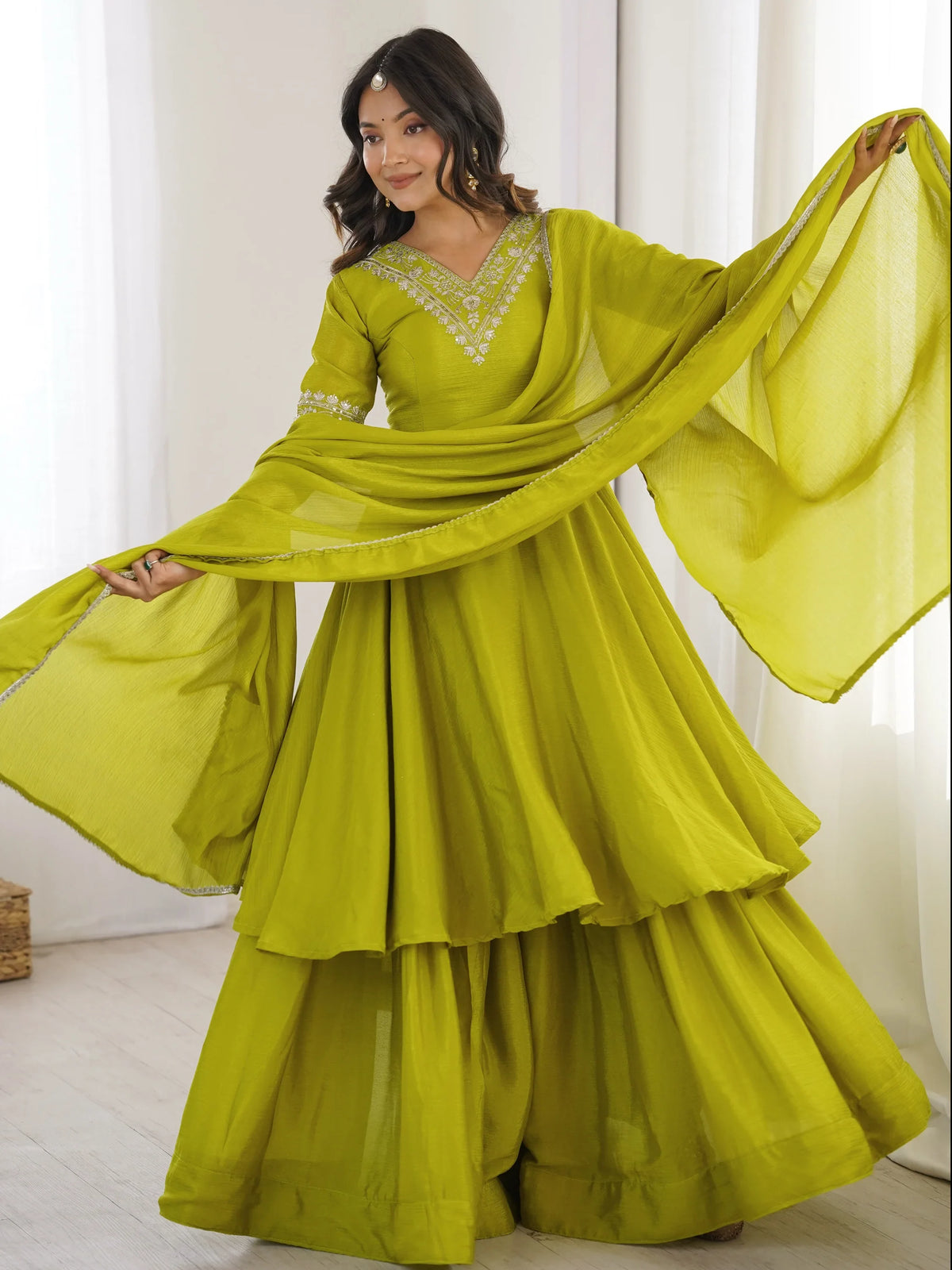 Stunning Olive Green Embroidered Chinon Mehendi Wear Palazzo Suit