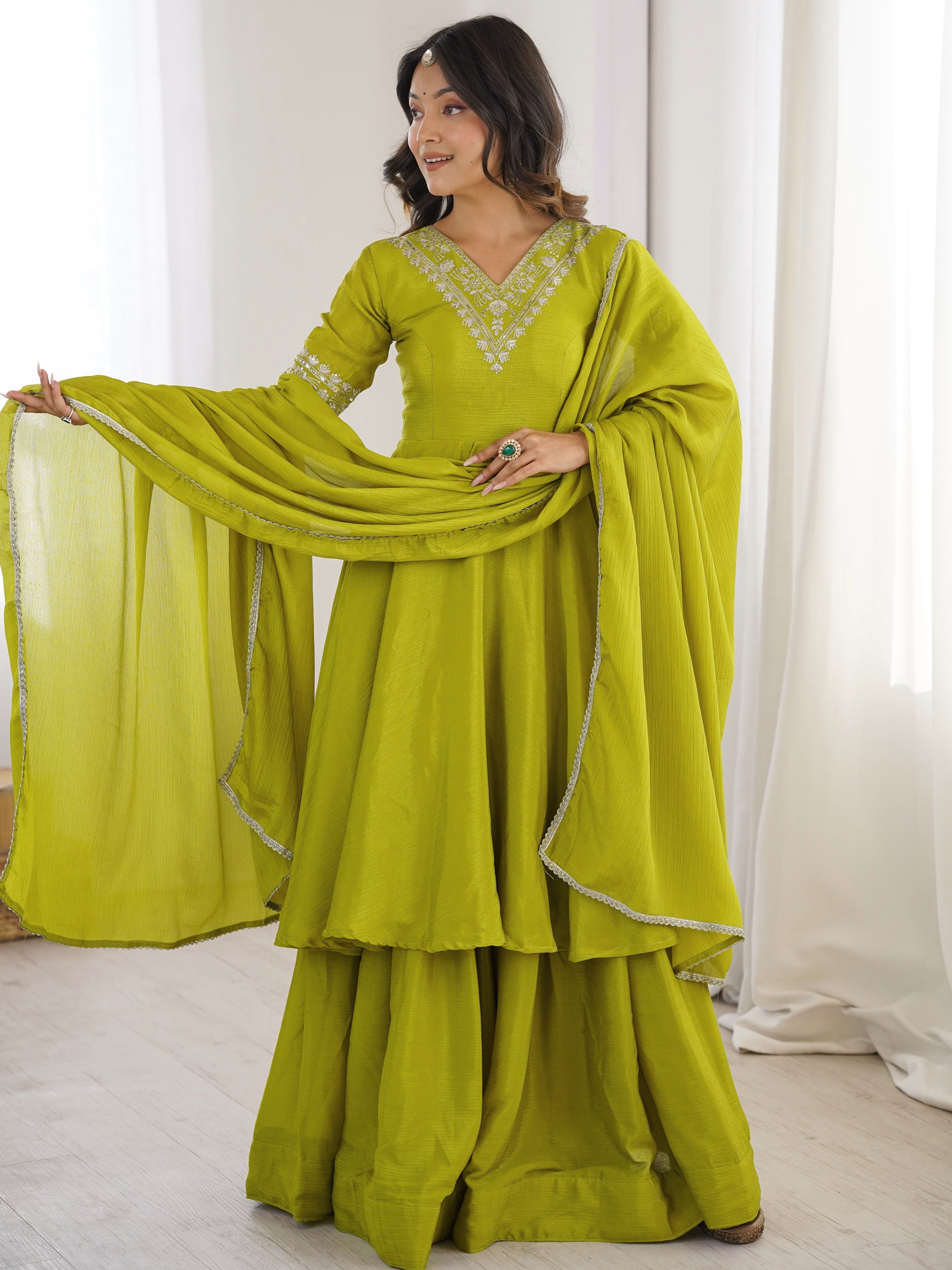 Stunning Olive Green Embroidered Chinon Mehendi Wear Palazzo Suit