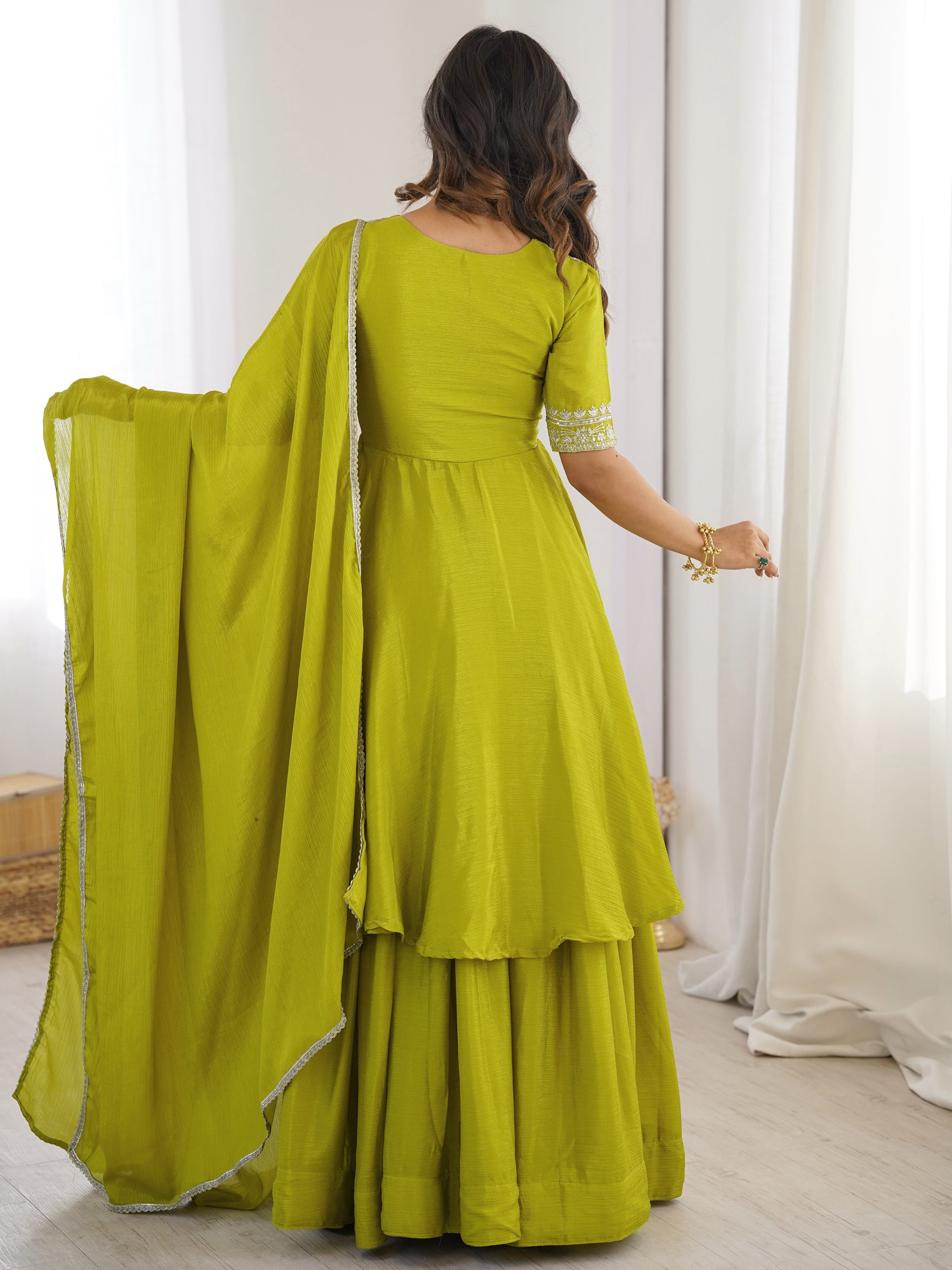Stunning Olive Green Embroidered Chinon Mehendi Wear Palazzo Suit