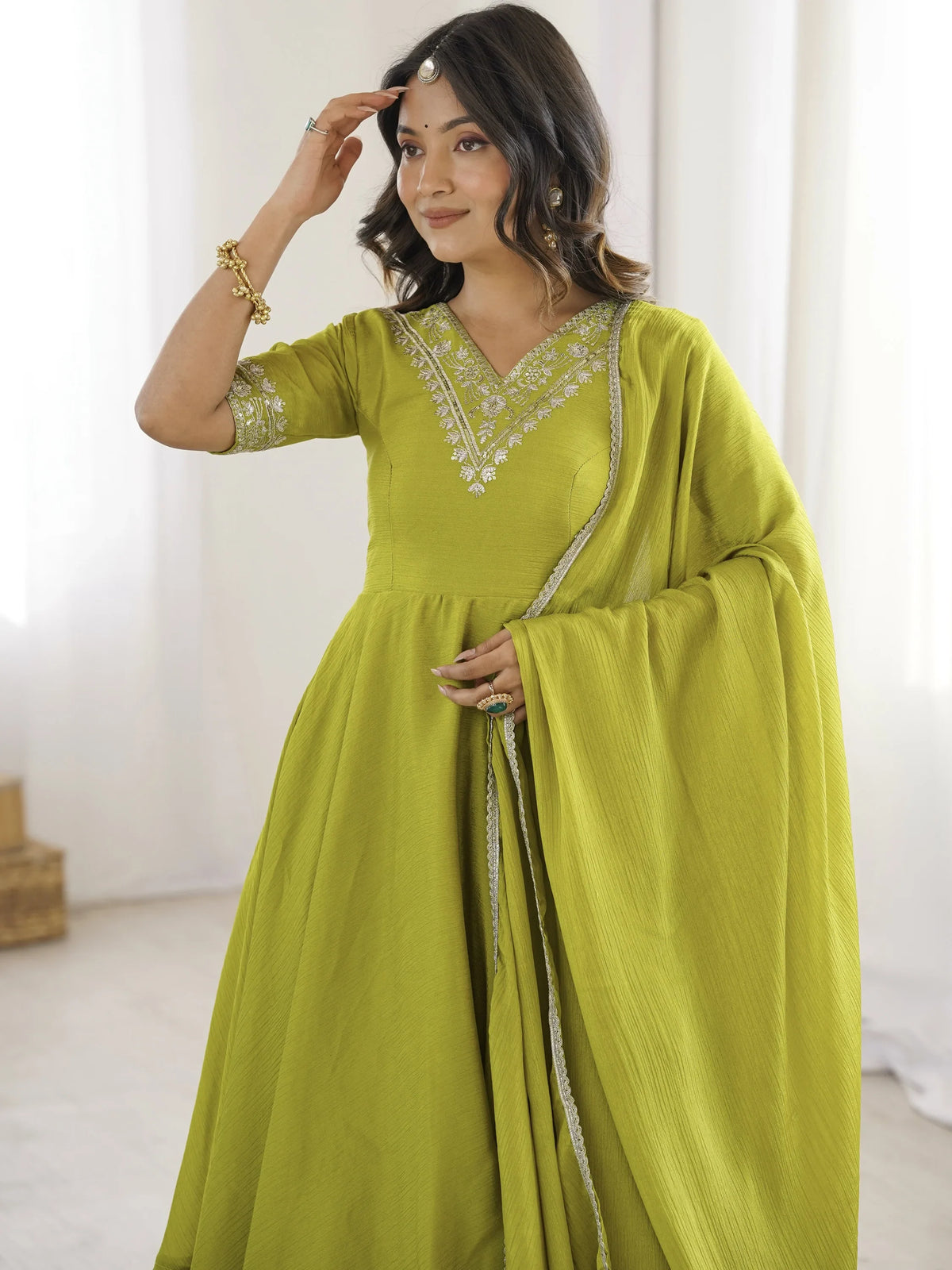 Stunning Olive Green Embroidered Chinon Mehendi Wear Palazzo Suit