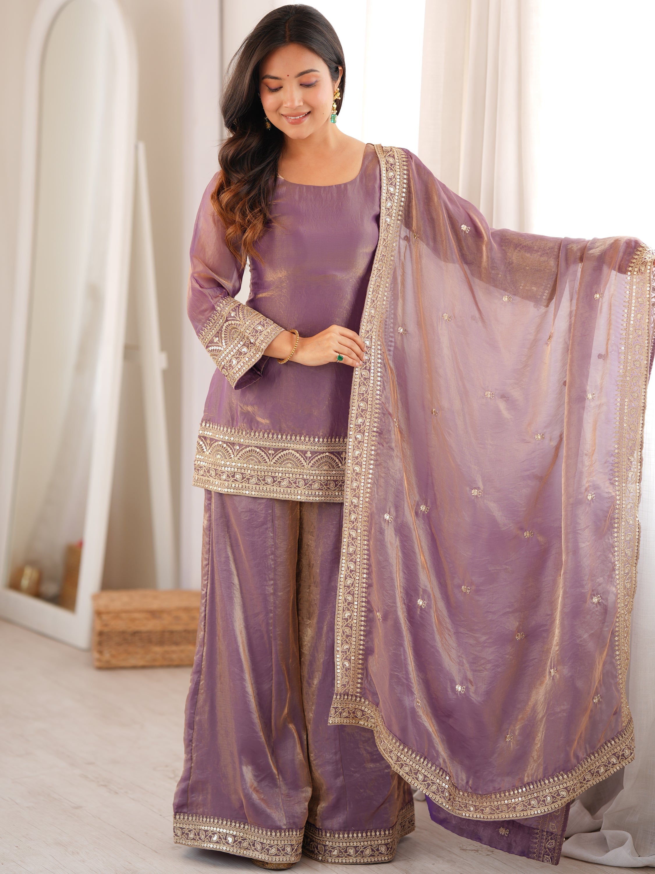 Breathtaking Lavender Sequins Silk Wedding Wear Palazzo Suit