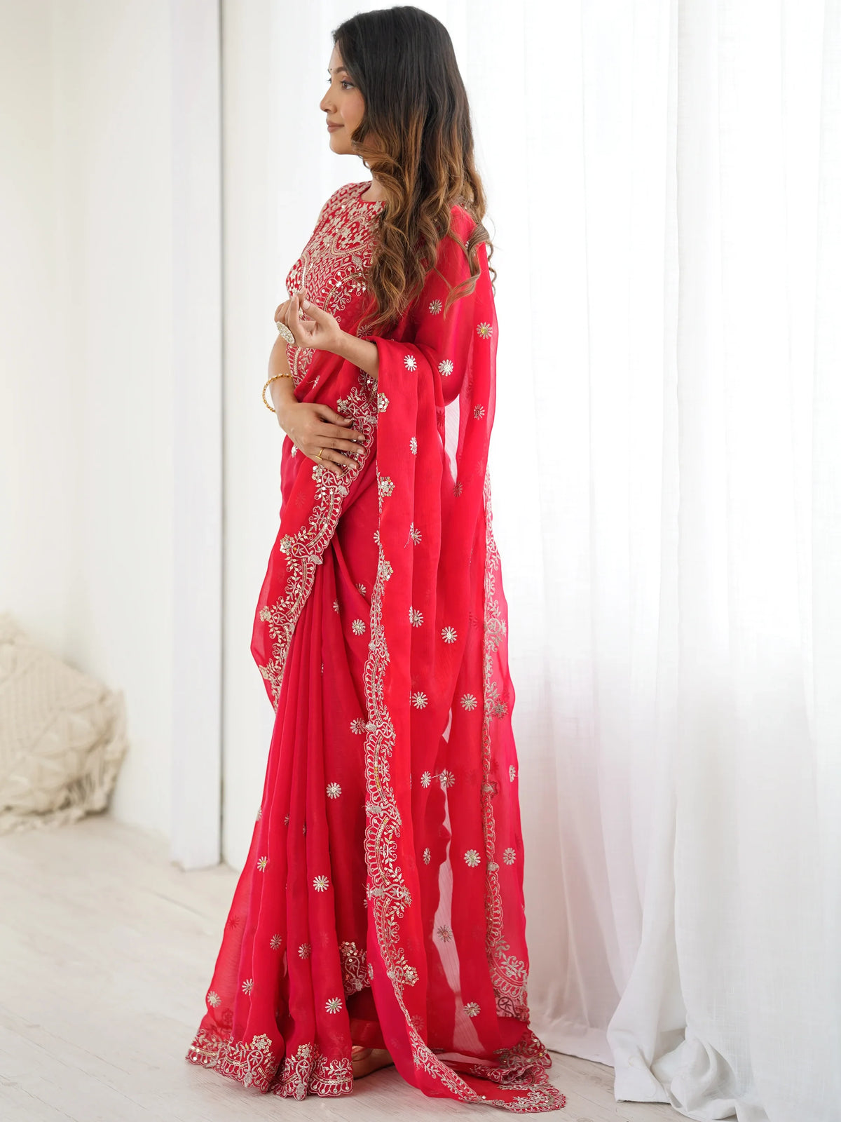 Lovable Red Thread Work Chiffon Wedding Wear Saree With Blouse