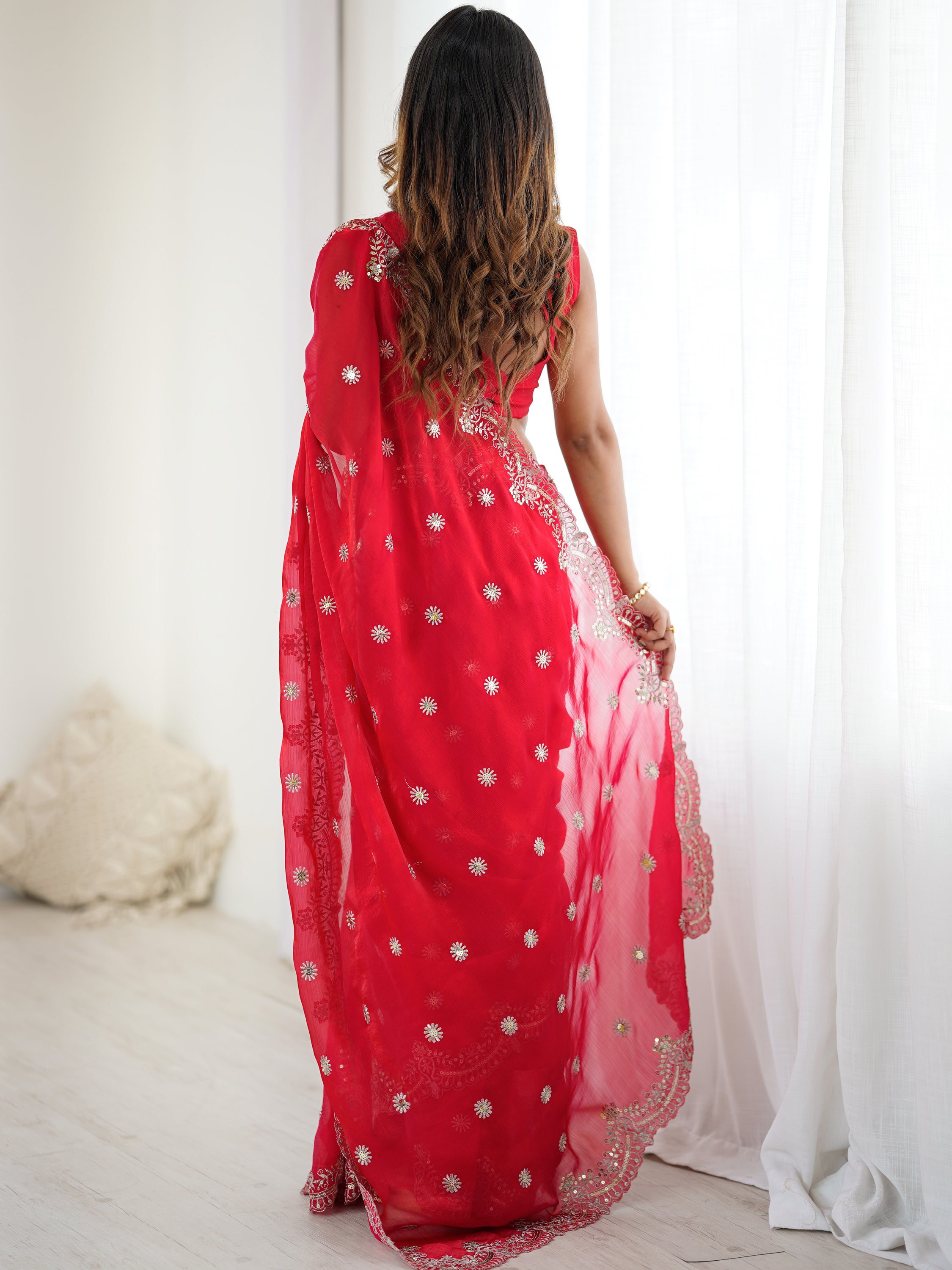 Lovable Red Thread Work Chiffon Wedding Wear Saree With Blouse