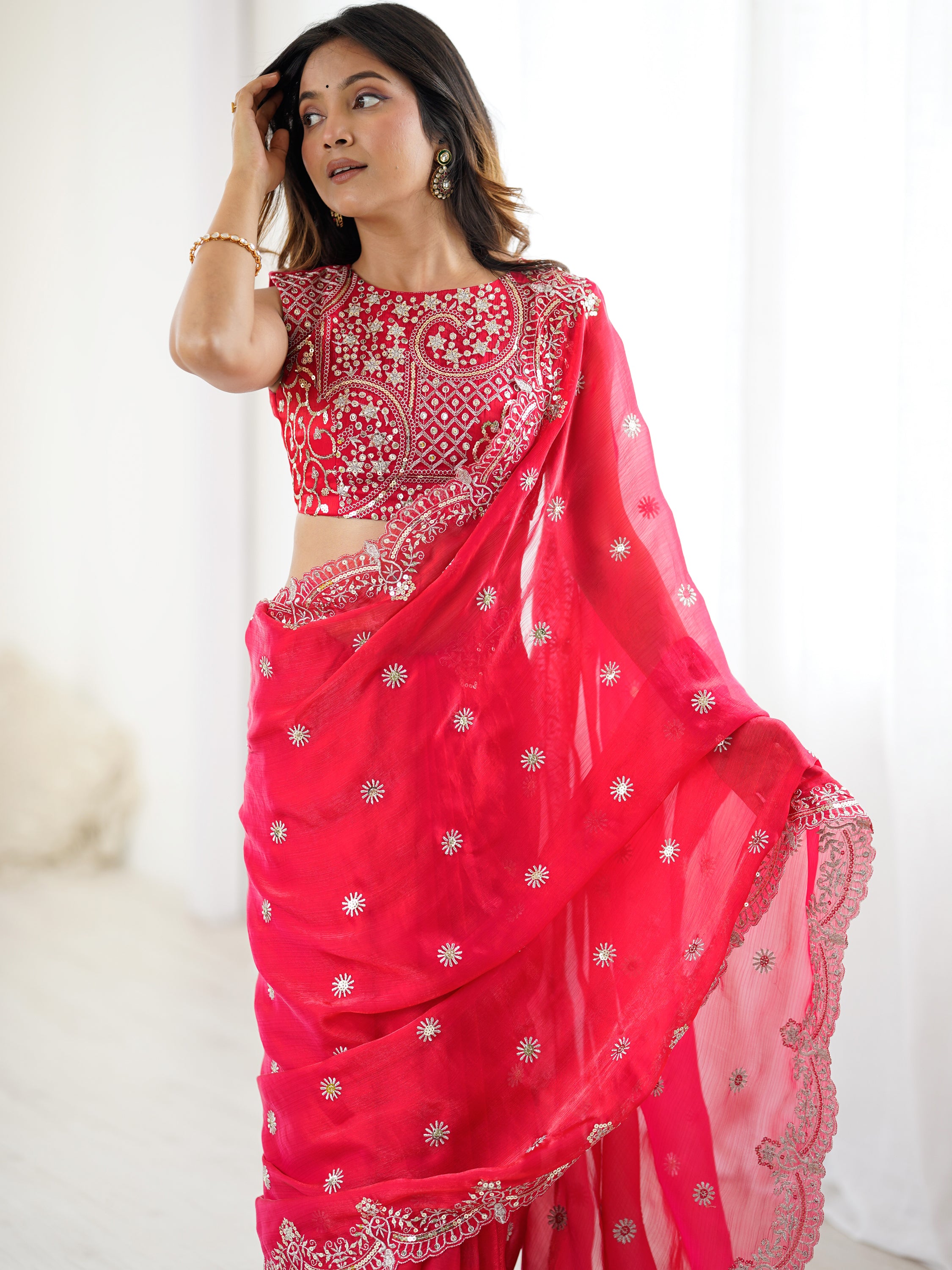 Lovable Red Thread Work Chiffon Wedding Wear Saree With Blouse