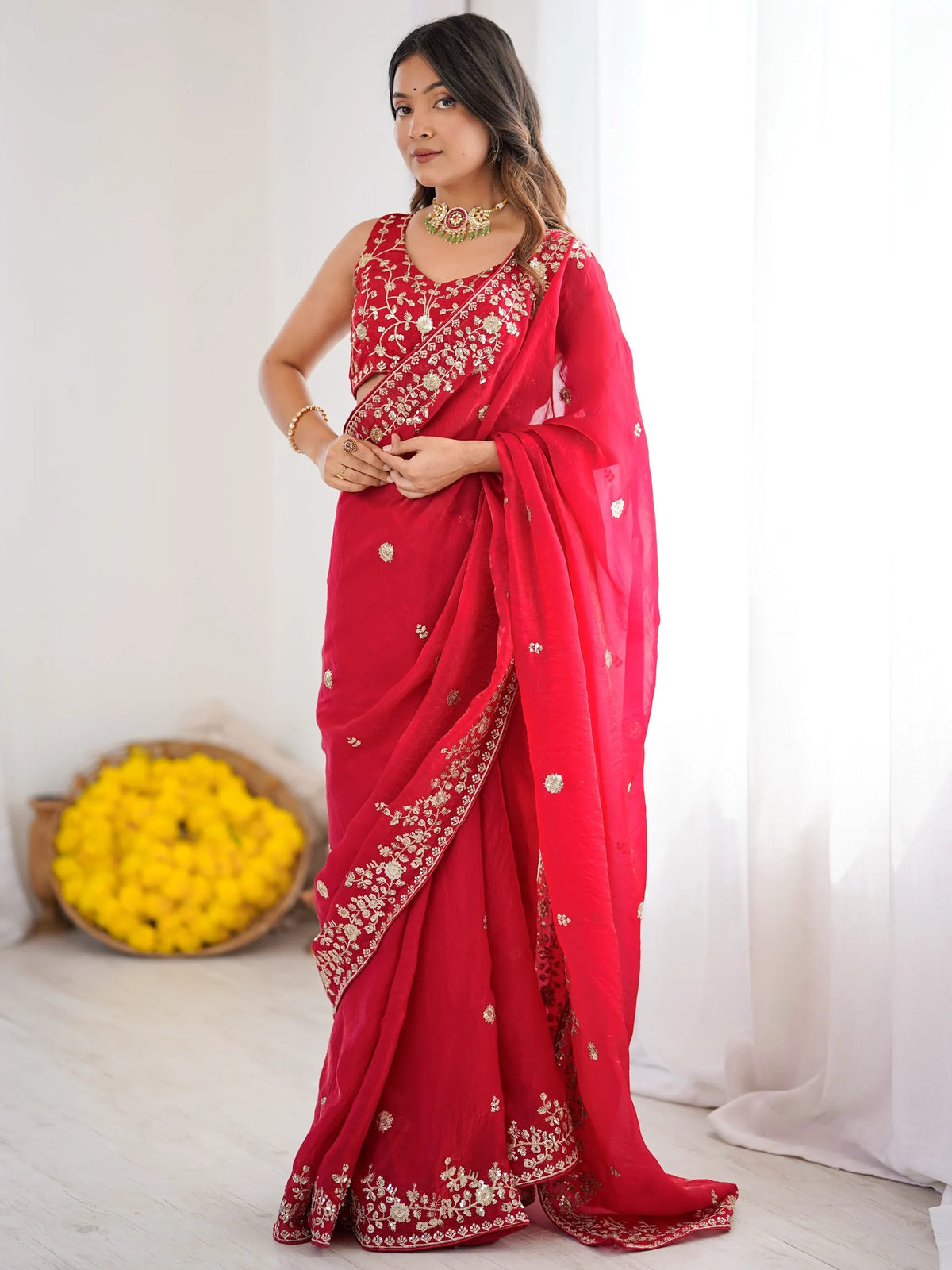 Elegant Red Sequins Silk Reception Wear Saree With Blouse