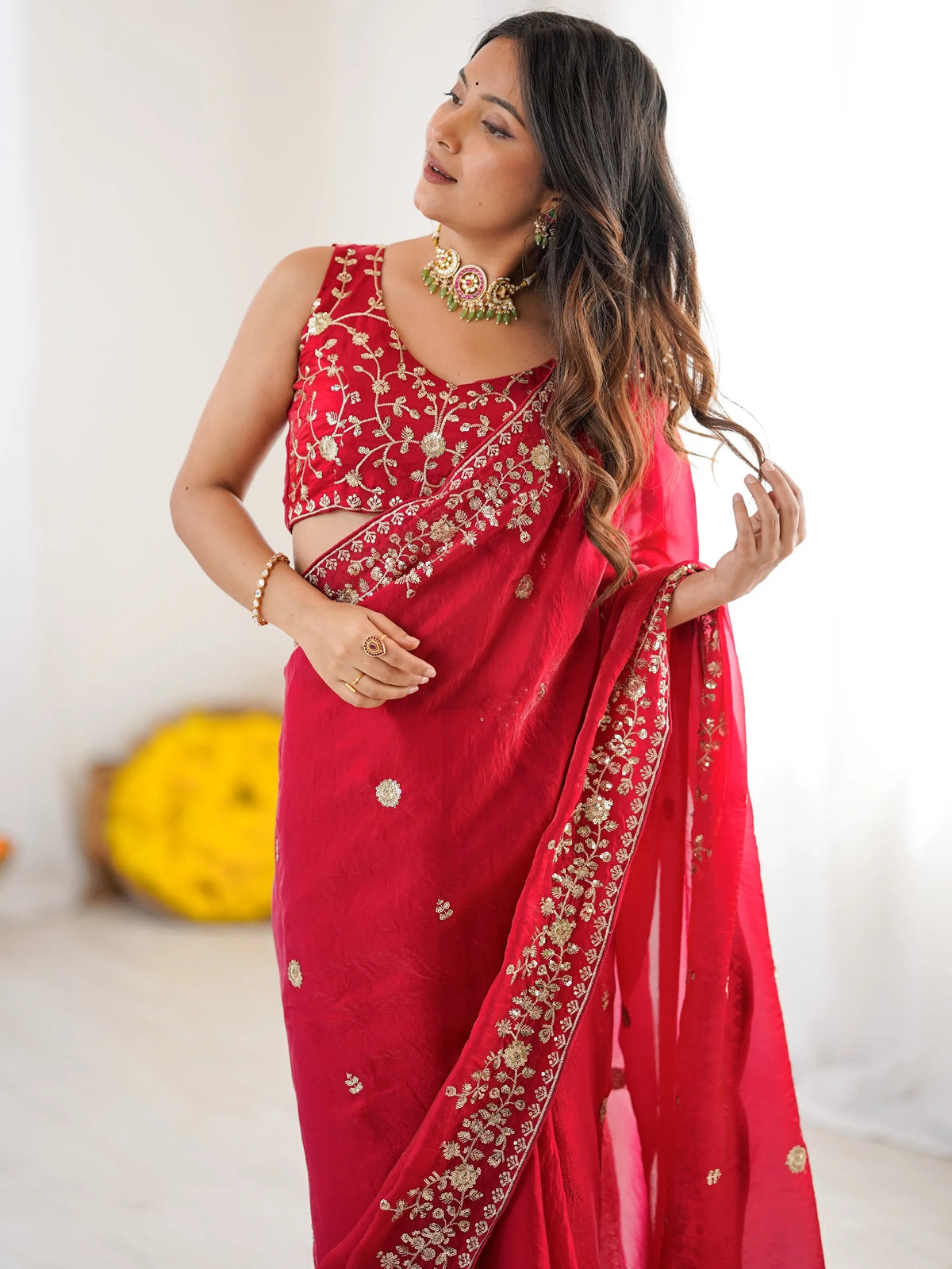 Elegant Red Sequins Silk Reception Wear Saree With Blouse