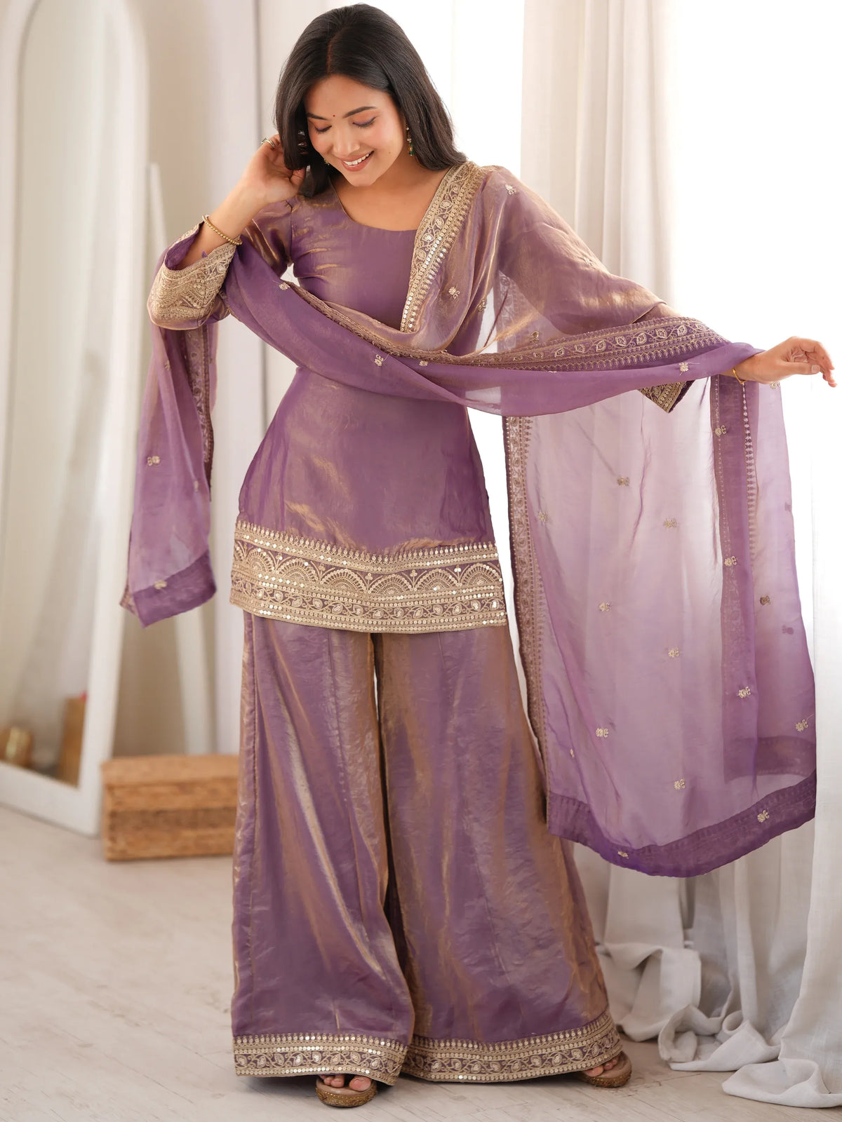 Breathtaking Lavender Sequins Silk Wedding Wear Palazzo Suit
