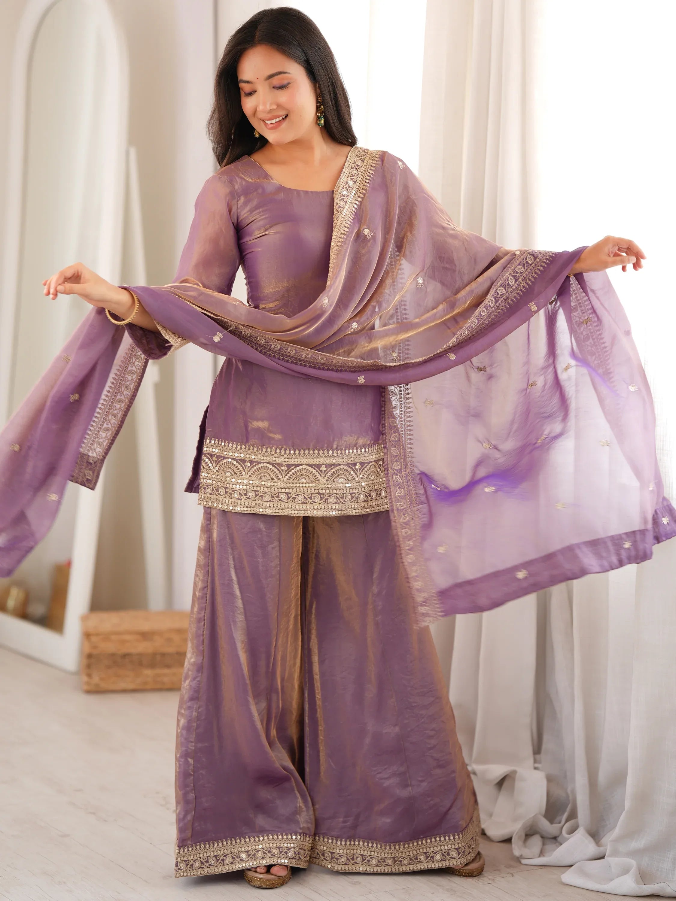 Breathtaking Lavender Sequins Silk Wedding Wear Palazzo Suit