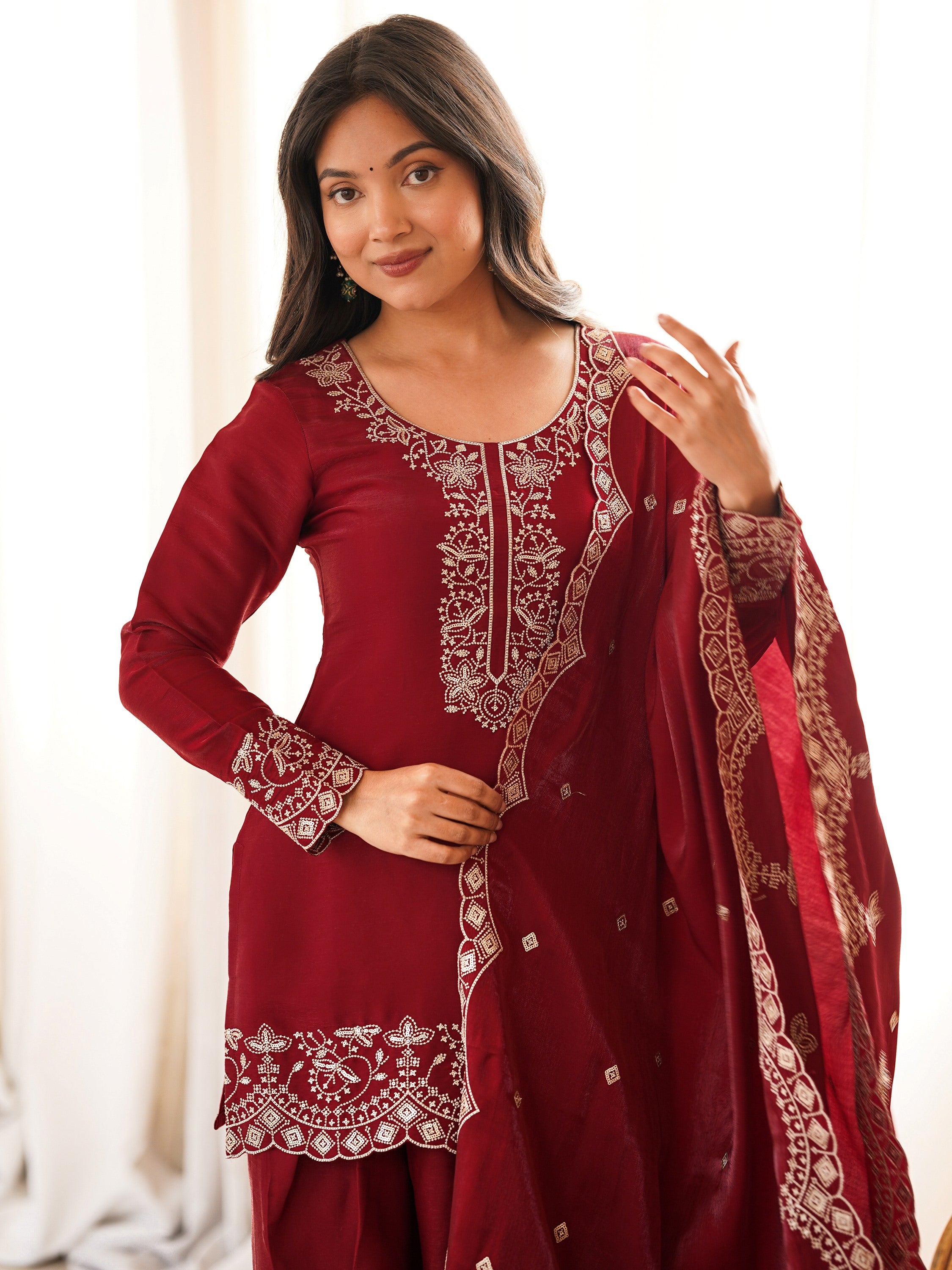 Lovely Red Zari Work Silk Wedding Wear Salwar Suit With Dupatta