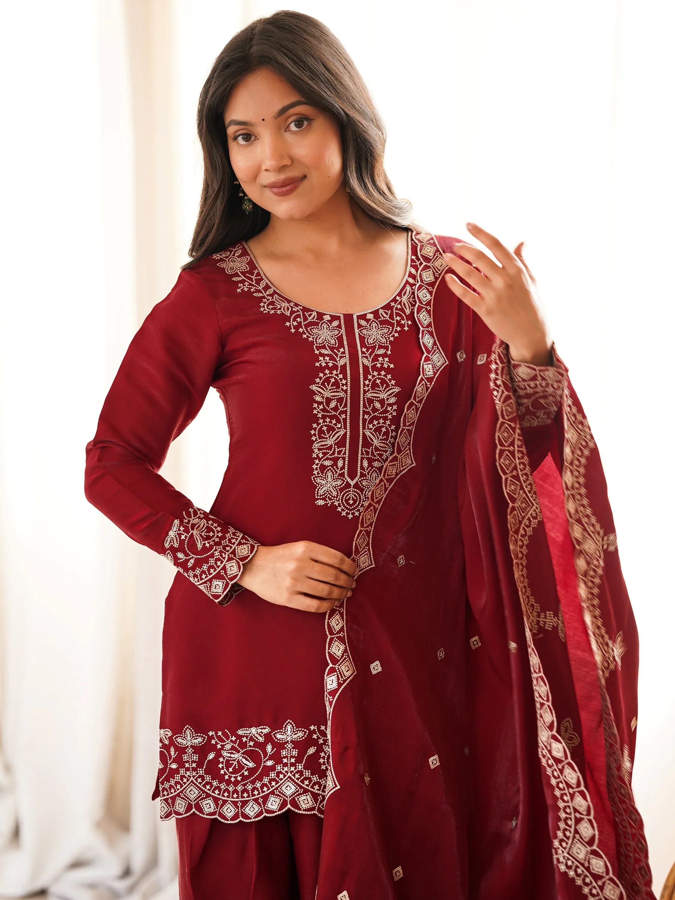 Lovely Red Zari Work Silk Wedding Wear Salwar Suit With Dupatta