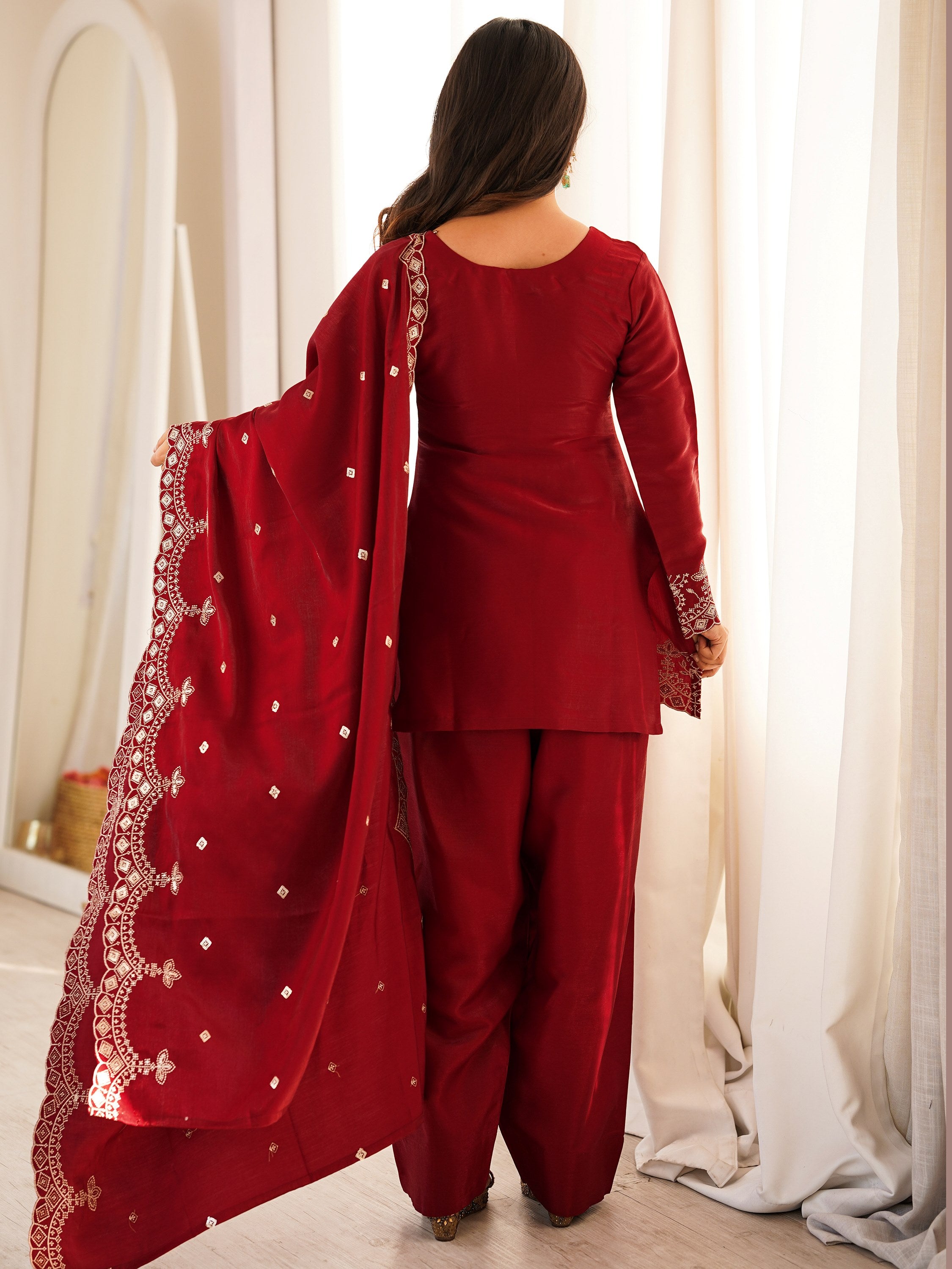 Lovely Red Zari Work Silk Wedding Wear Salwar Suit With Dupatta