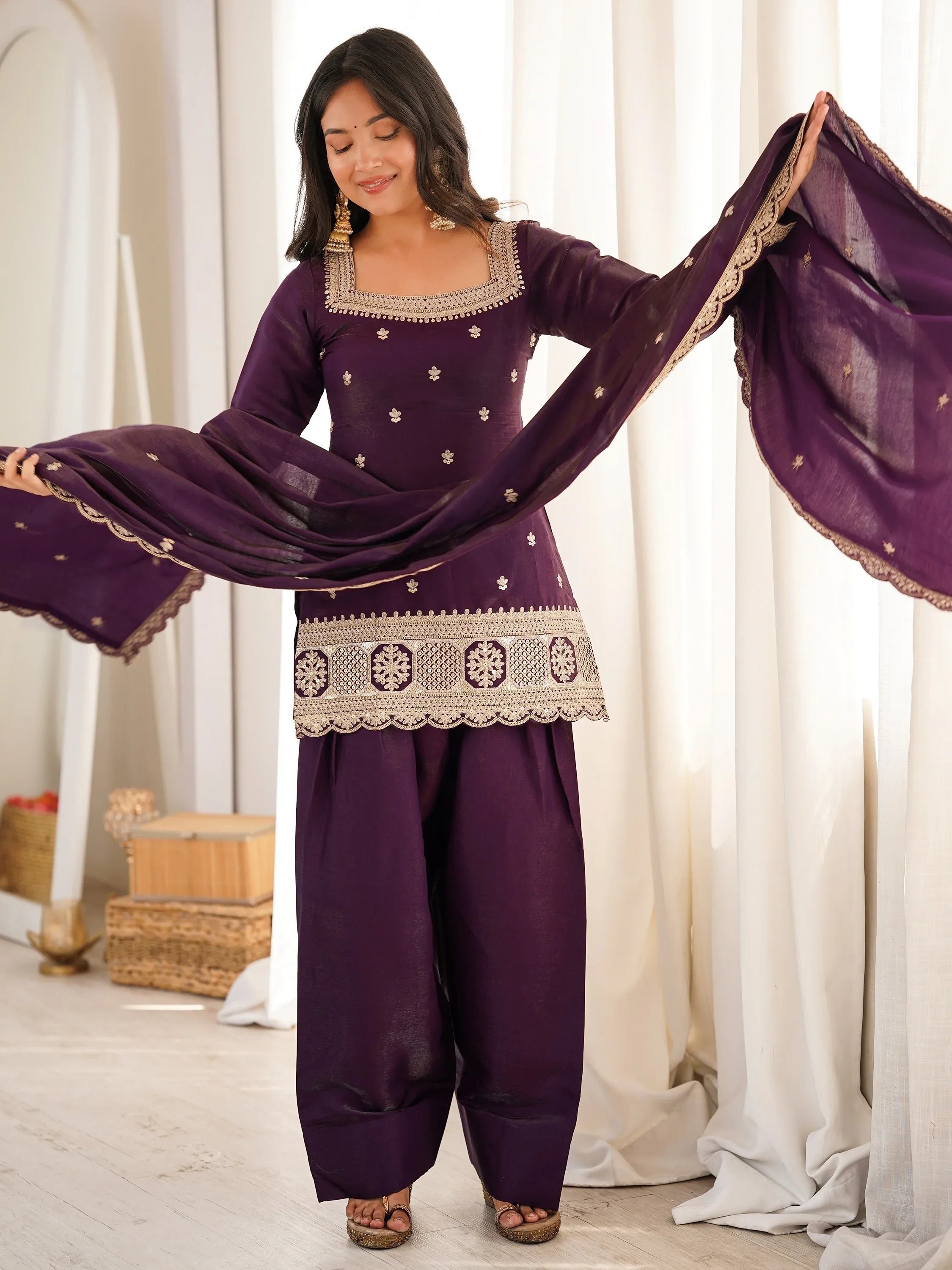 Stunning Purple Dori Embroidered Silk Marriage Wear Salwar Suit