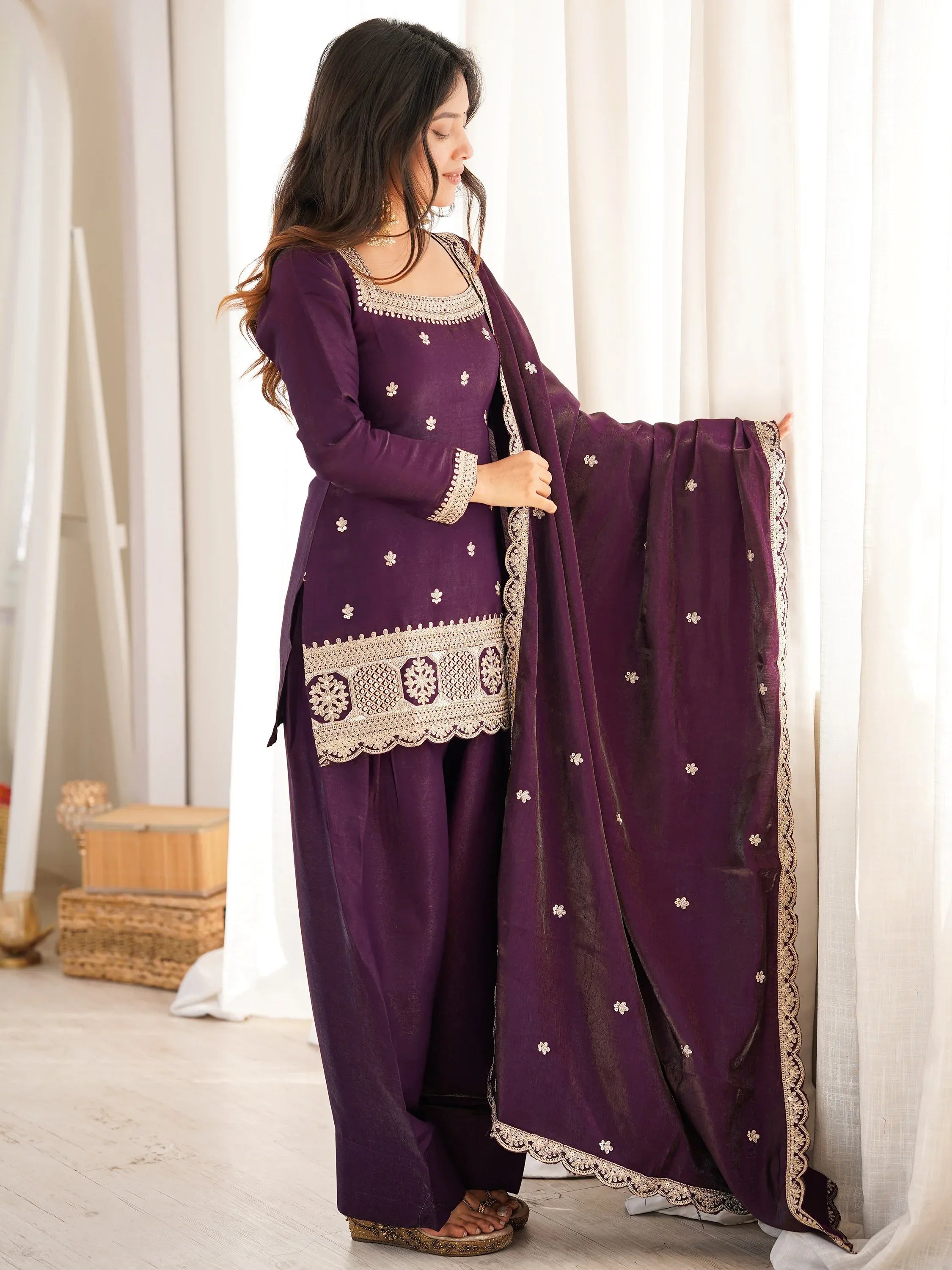 Stunning Purple Dori Embroidered Silk Marriage Wear Salwar Suit