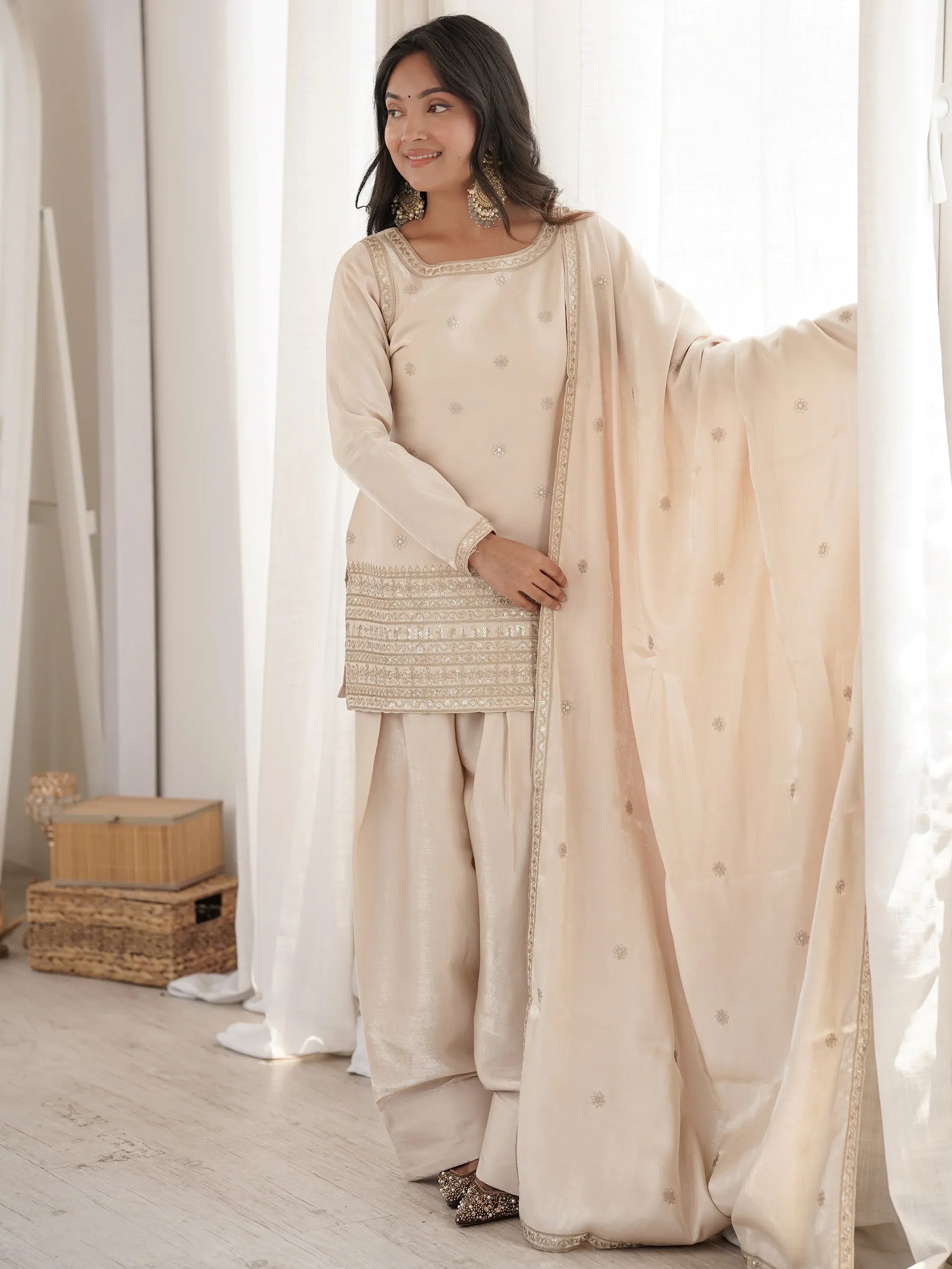 Awesome Off-White Zari Embroidery Silk Festive Wear Salwar Suit