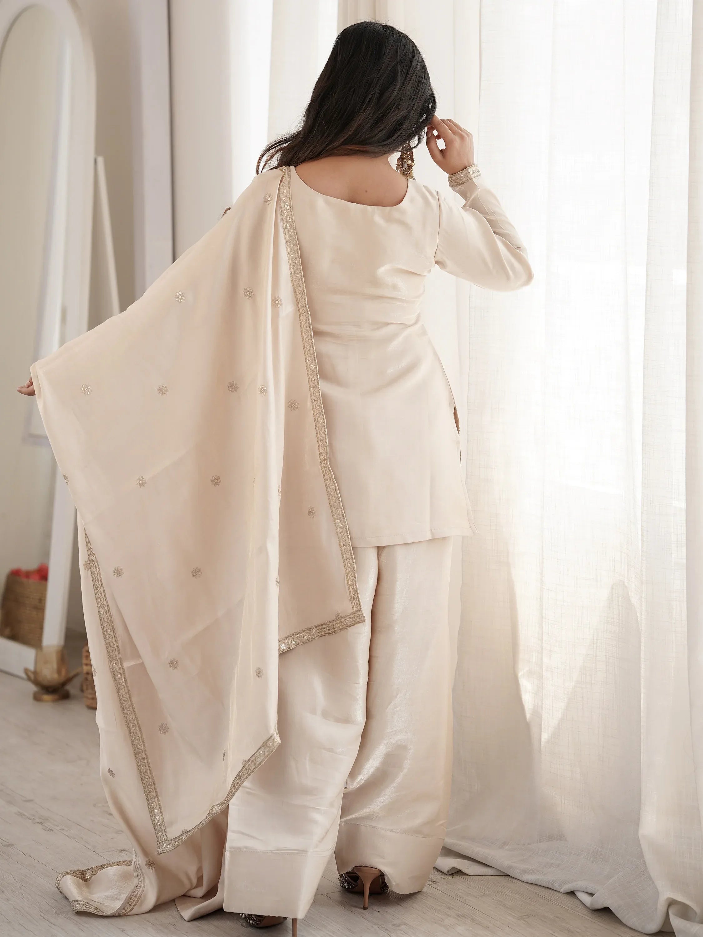 Awesome Off-White Zari Embroidery Silk Festive Wear Salwar Suit