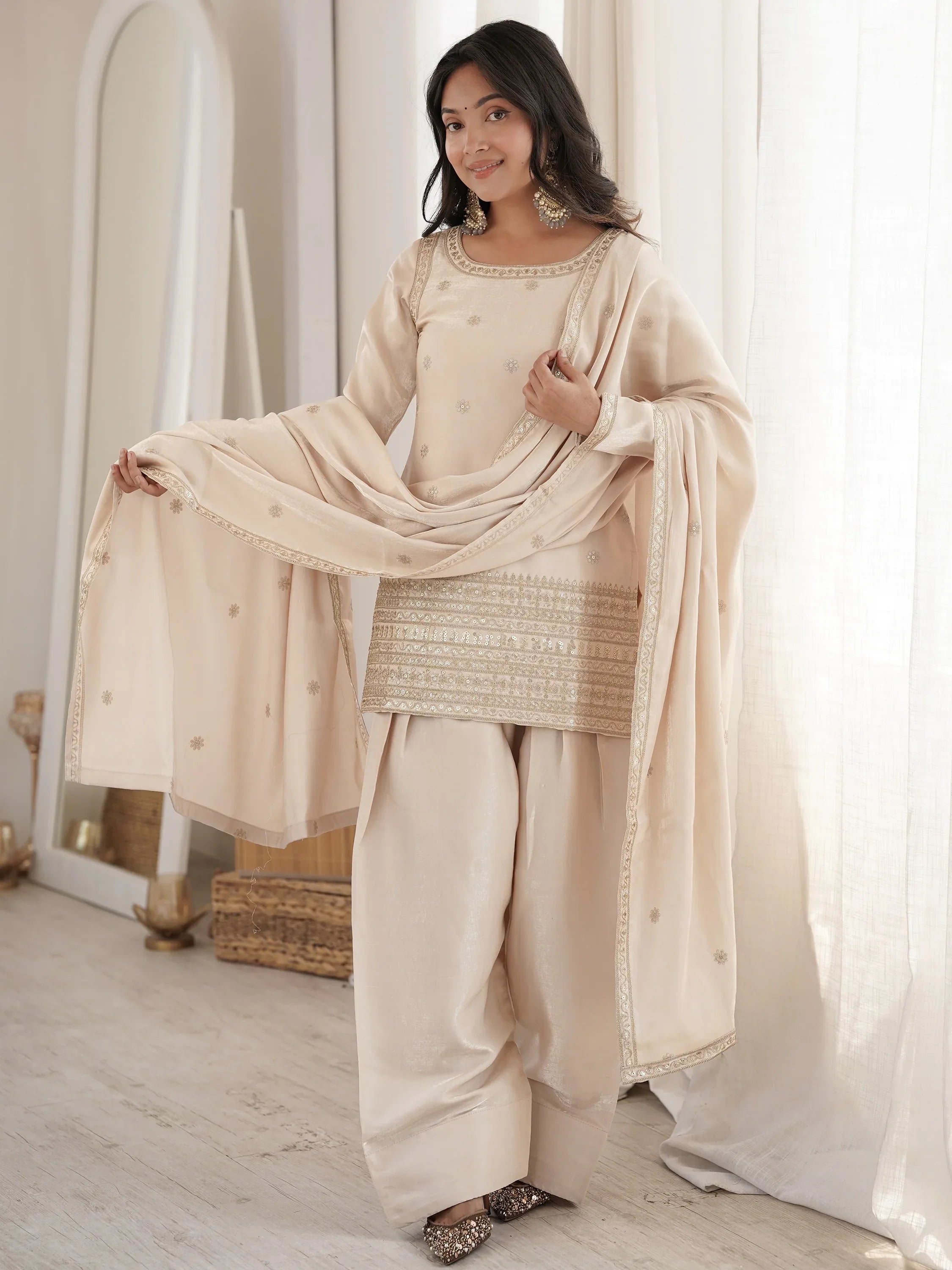 Awesome Off-White Zari Embroidery Silk Festive Wear Salwar Suit