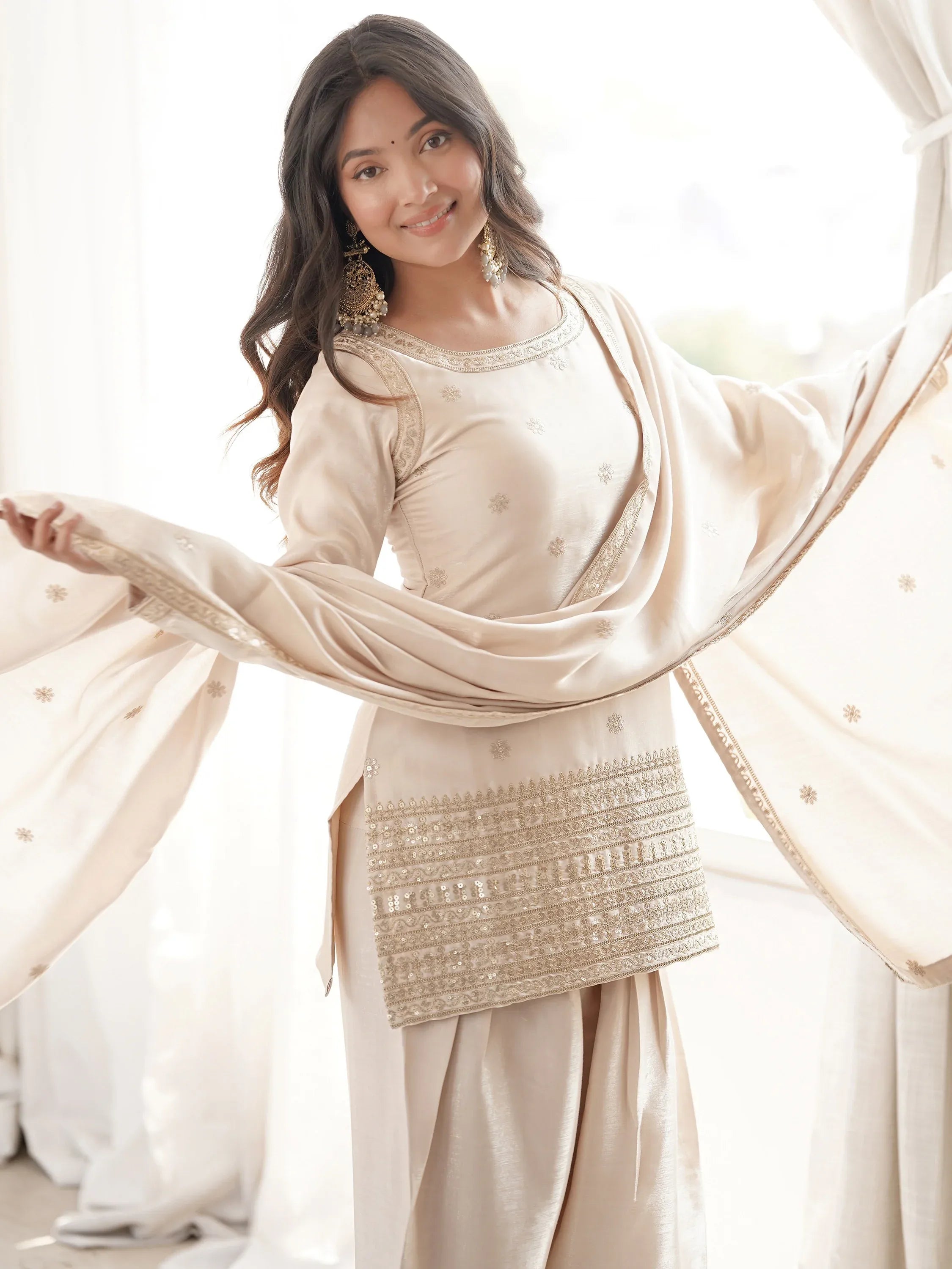 Awesome Off-White Zari Embroidery Silk Festive Wear Salwar Suit