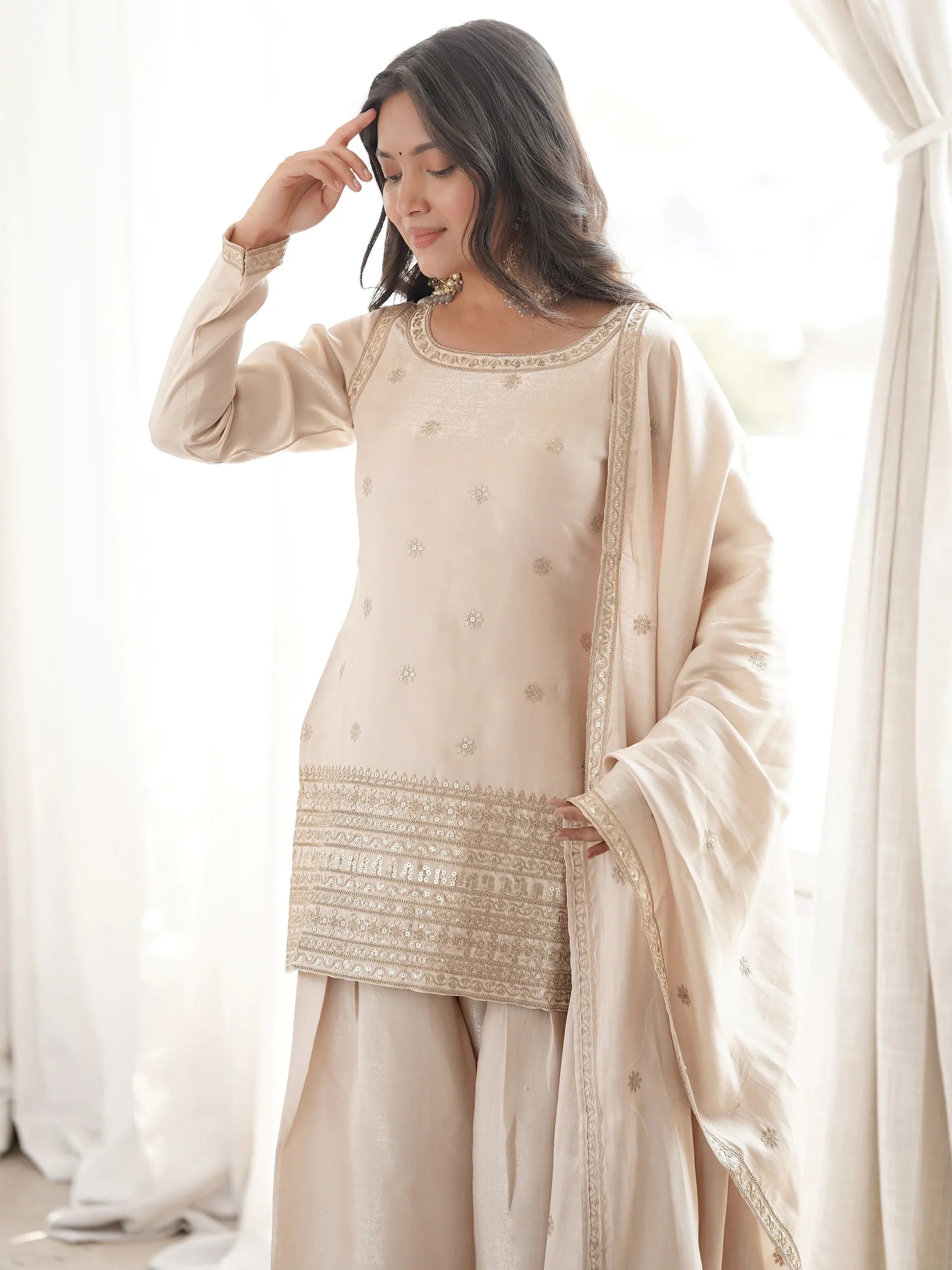 Awesome Off-White Zari Embroidery Silk Festive Wear Salwar Suit