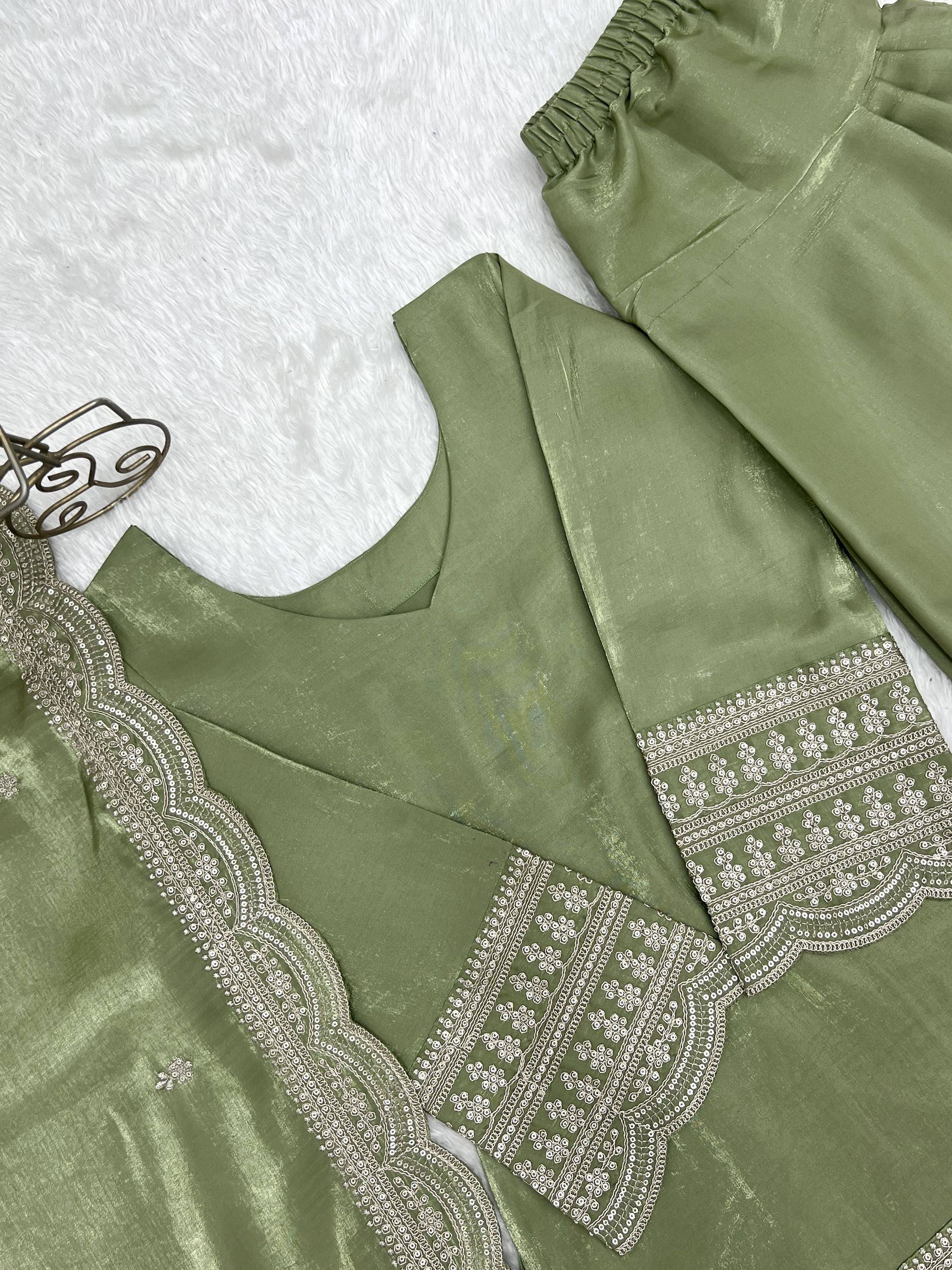 Wonderful Olive Green Dori Work Silk Mehendi Wear Salwar Suit