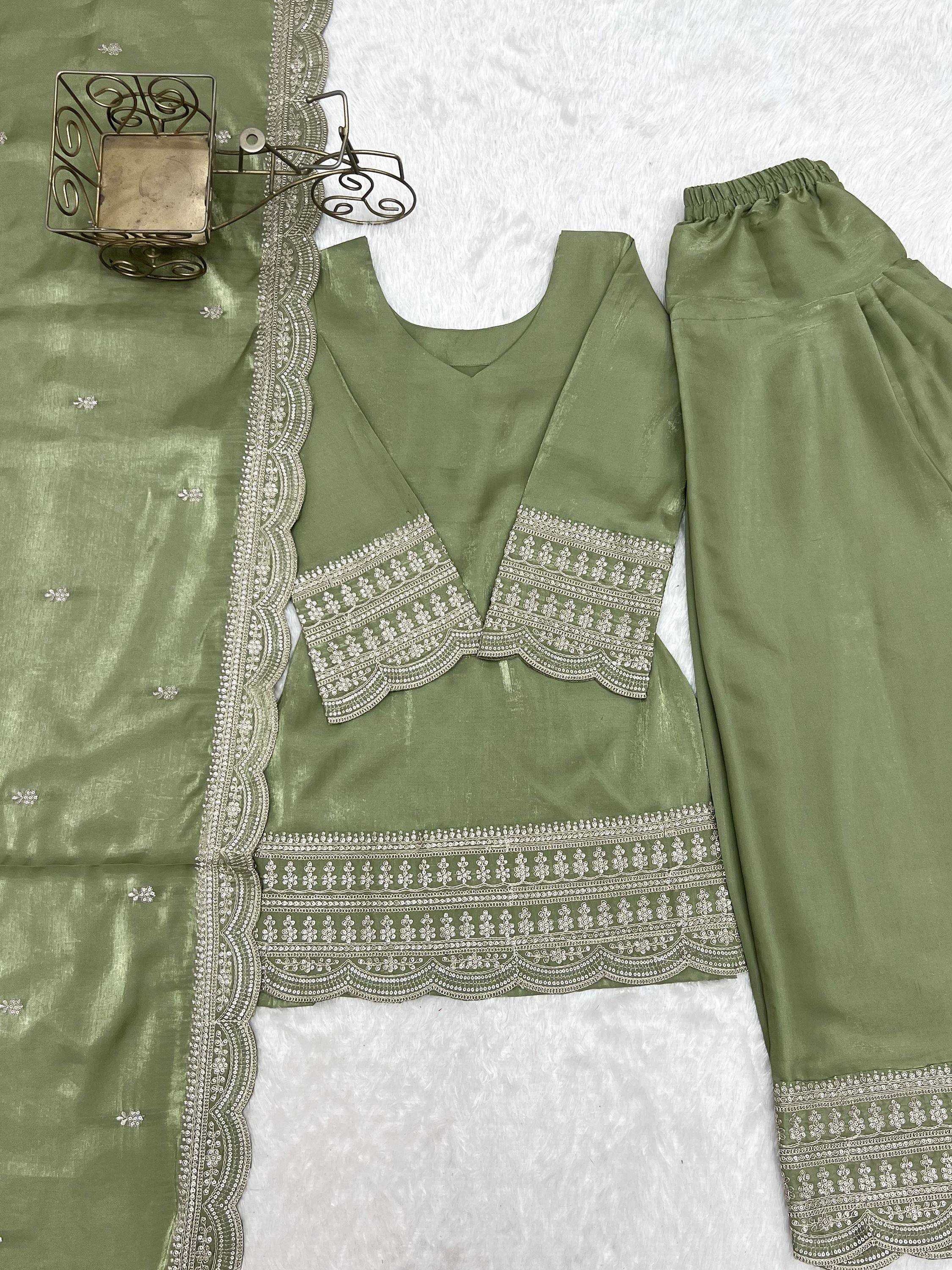 Wonderful Olive Green Dori Work Silk Mehendi Wear Salwar Suit