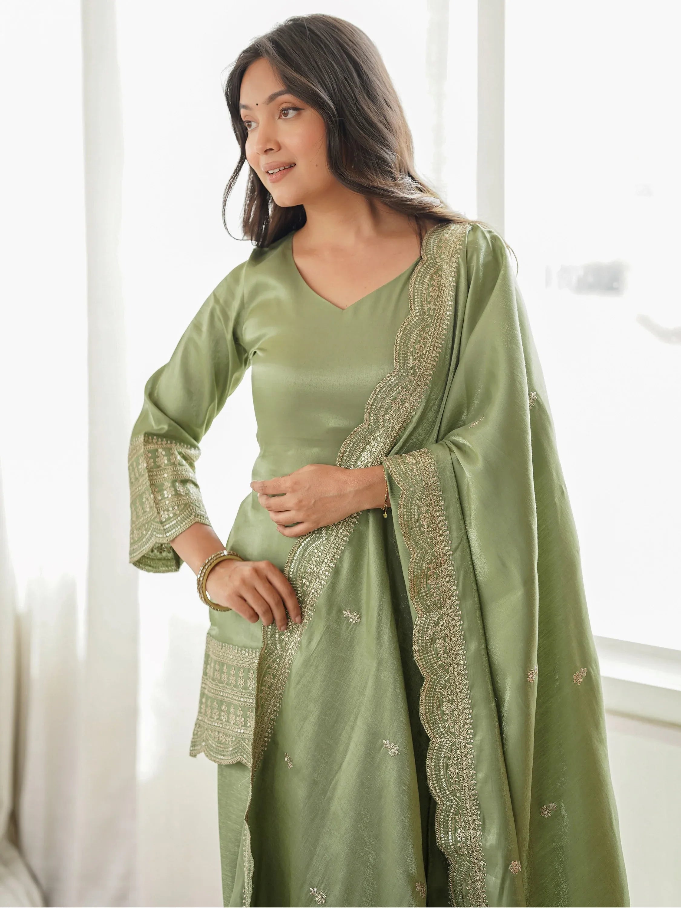 Wonderful Olive Green Dori Work Silk Mehendi Wear Salwar Suit