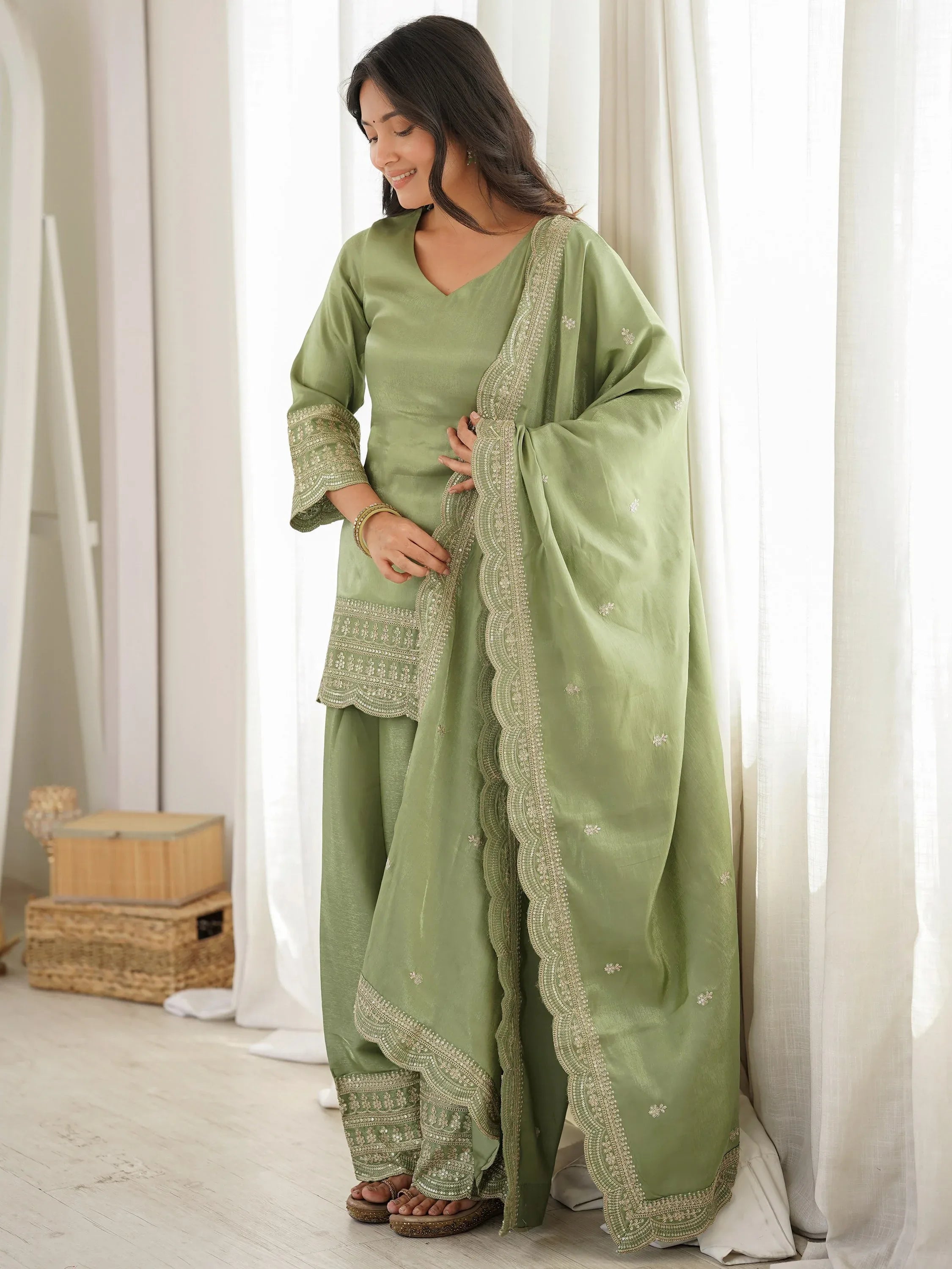 Wonderful Olive Green Dori Work Silk Mehendi Wear Salwar Suit