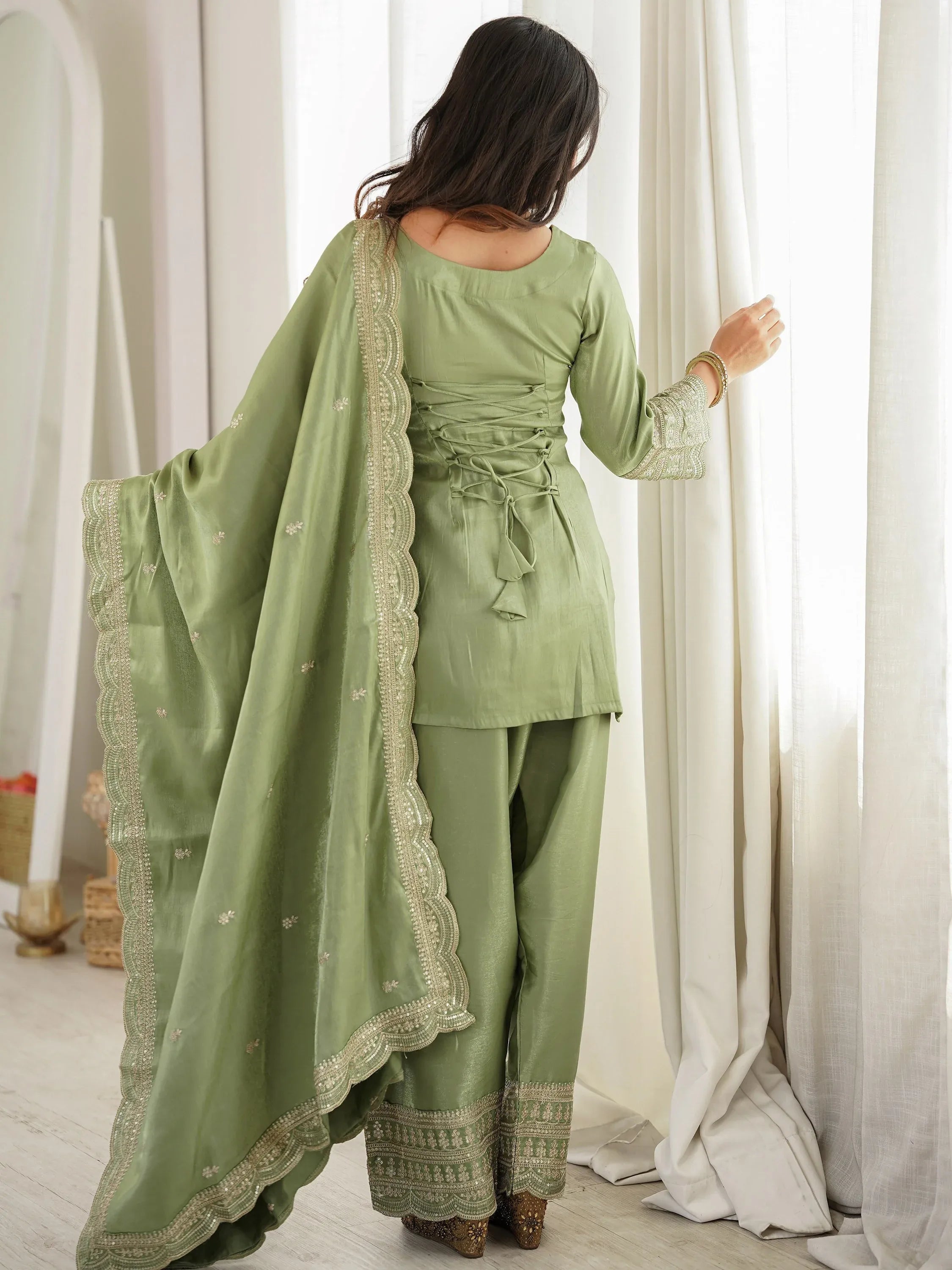 Wonderful Olive Green Dori Work Silk Mehendi Wear Salwar Suit