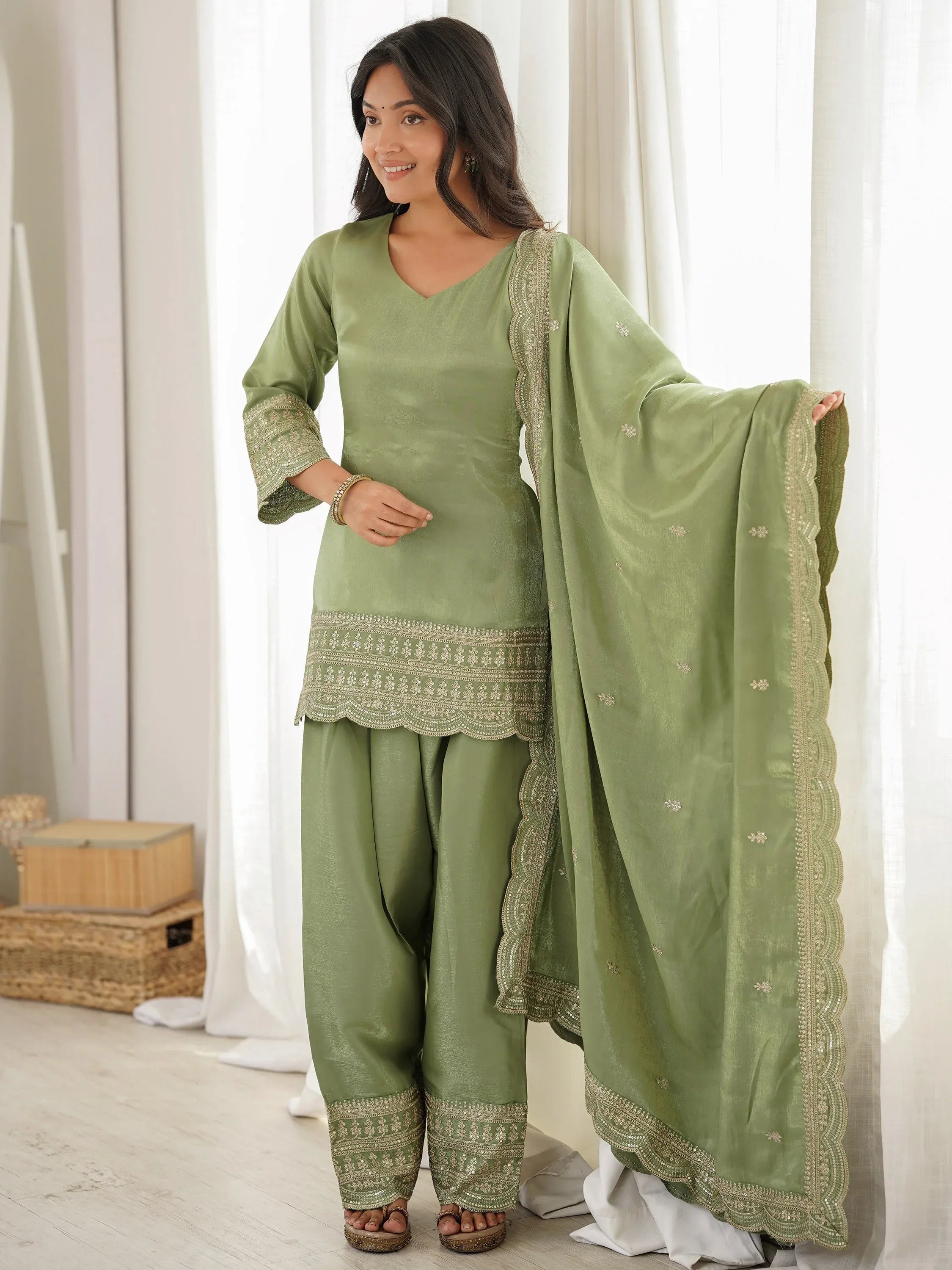 Wonderful Olive Green Dori Work Silk Mehendi Wear Salwar Suit