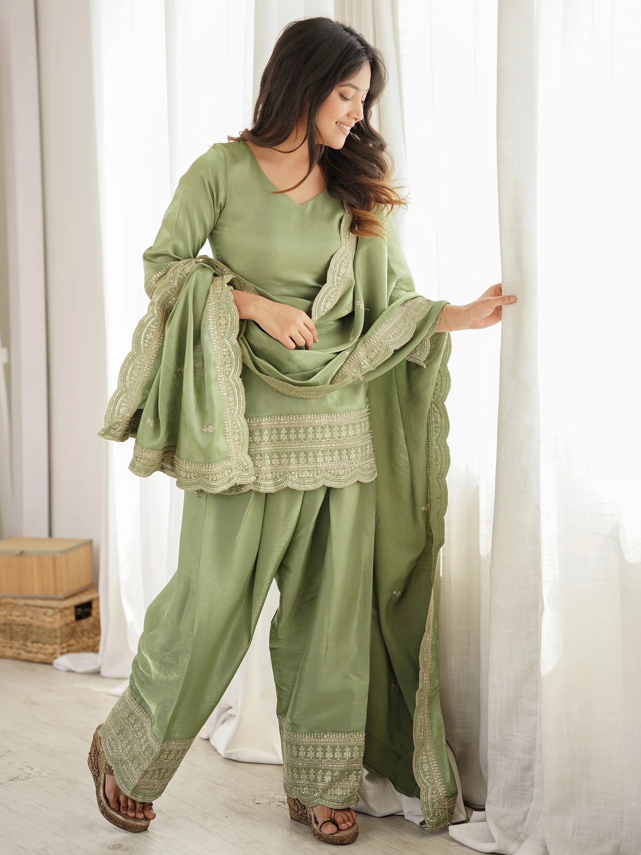 Wonderful Olive Green Dori Work Silk Mehendi Wear Salwar Suit