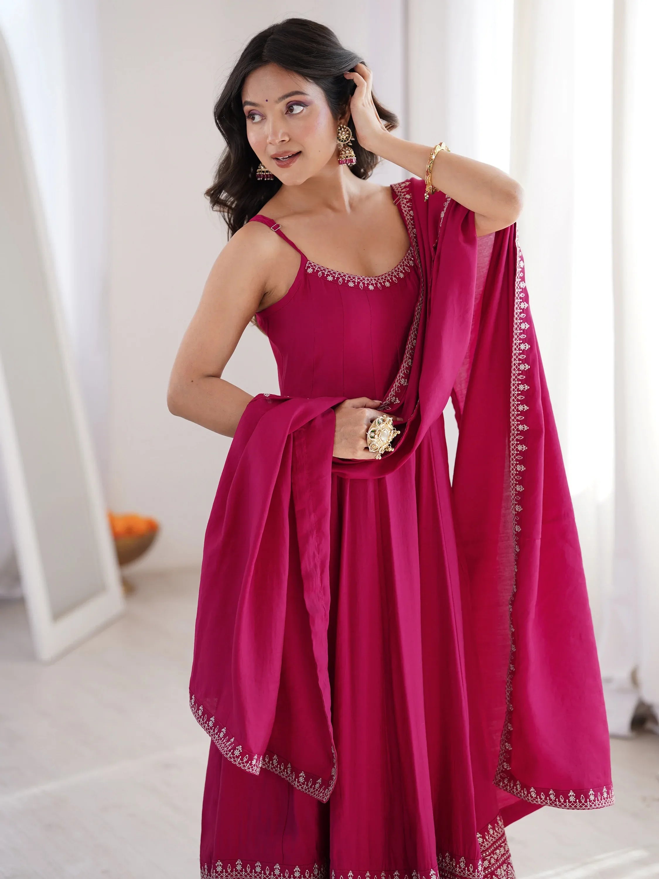 Lovely Pink Lace Border Chanderi Wedding Wear Anarkali Suit With Dupatta