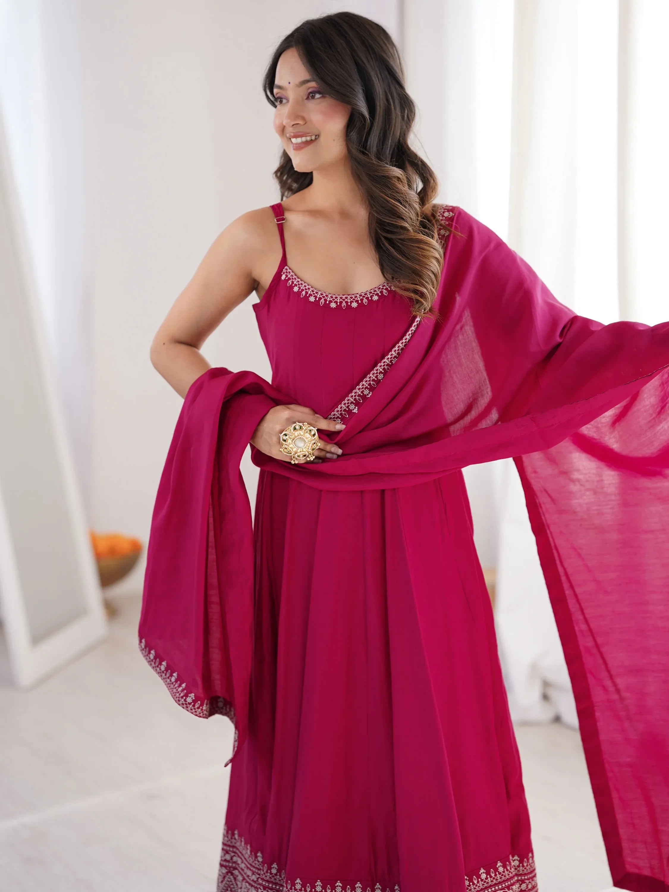 Lovely Pink Lace Border Chanderi Wedding Wear Anarkali Suit With Dupatta