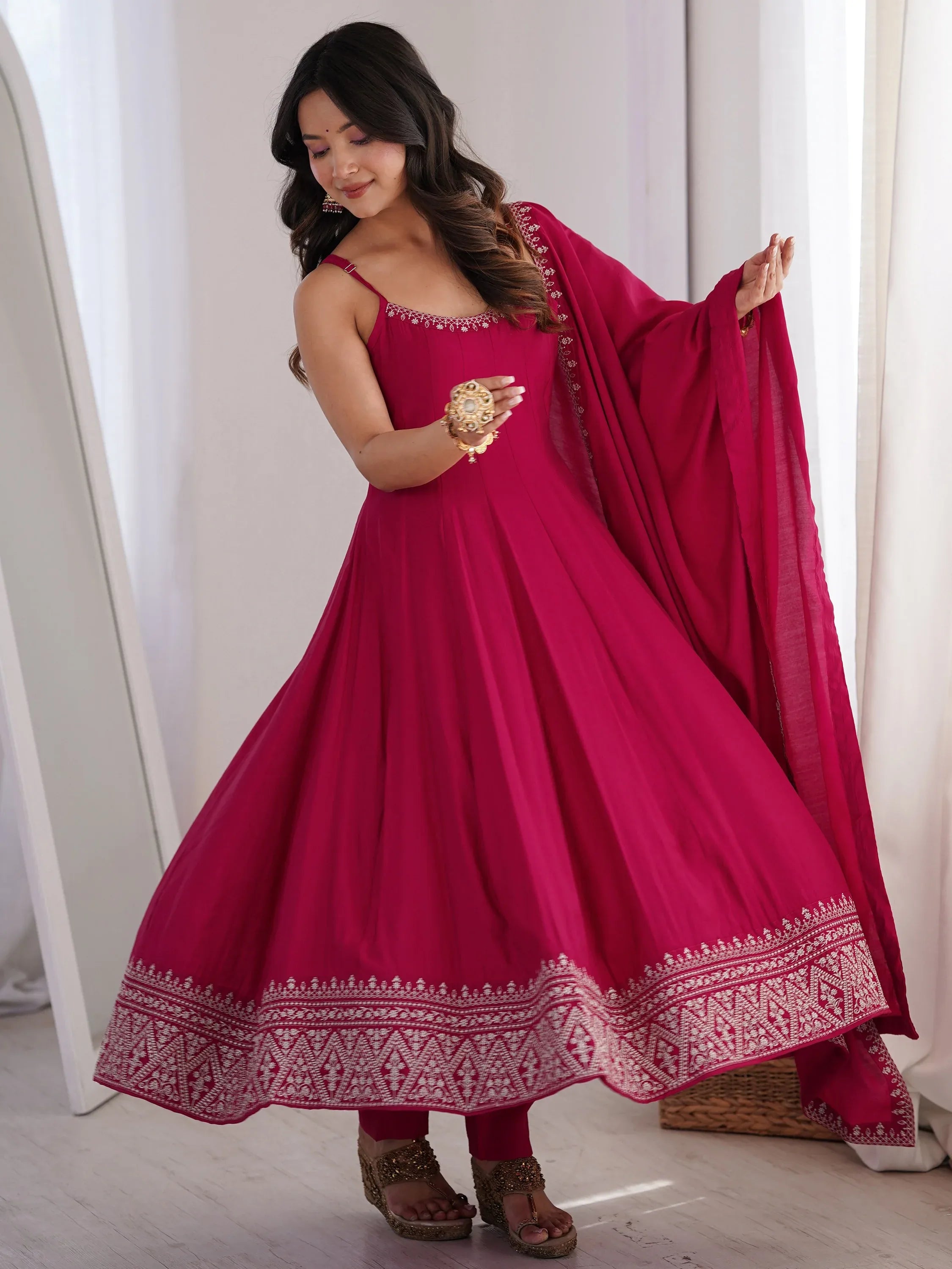 Lovely Pink Lace Border Chanderi Wedding Wear Anarkali Suit With Dupatta