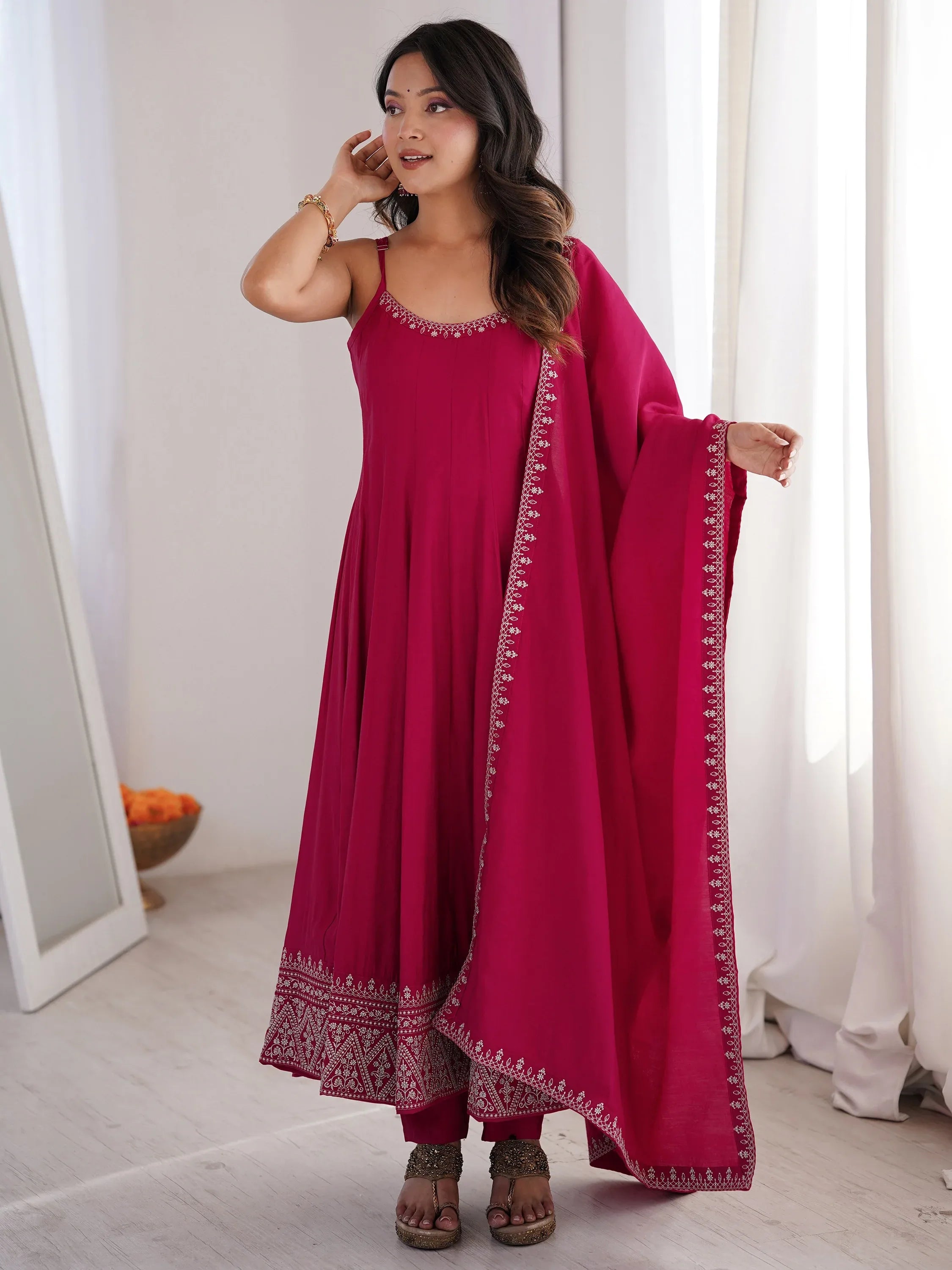 Lovely Pink Lace Border Chanderi Wedding Wear Anarkali Suit With Dupatta