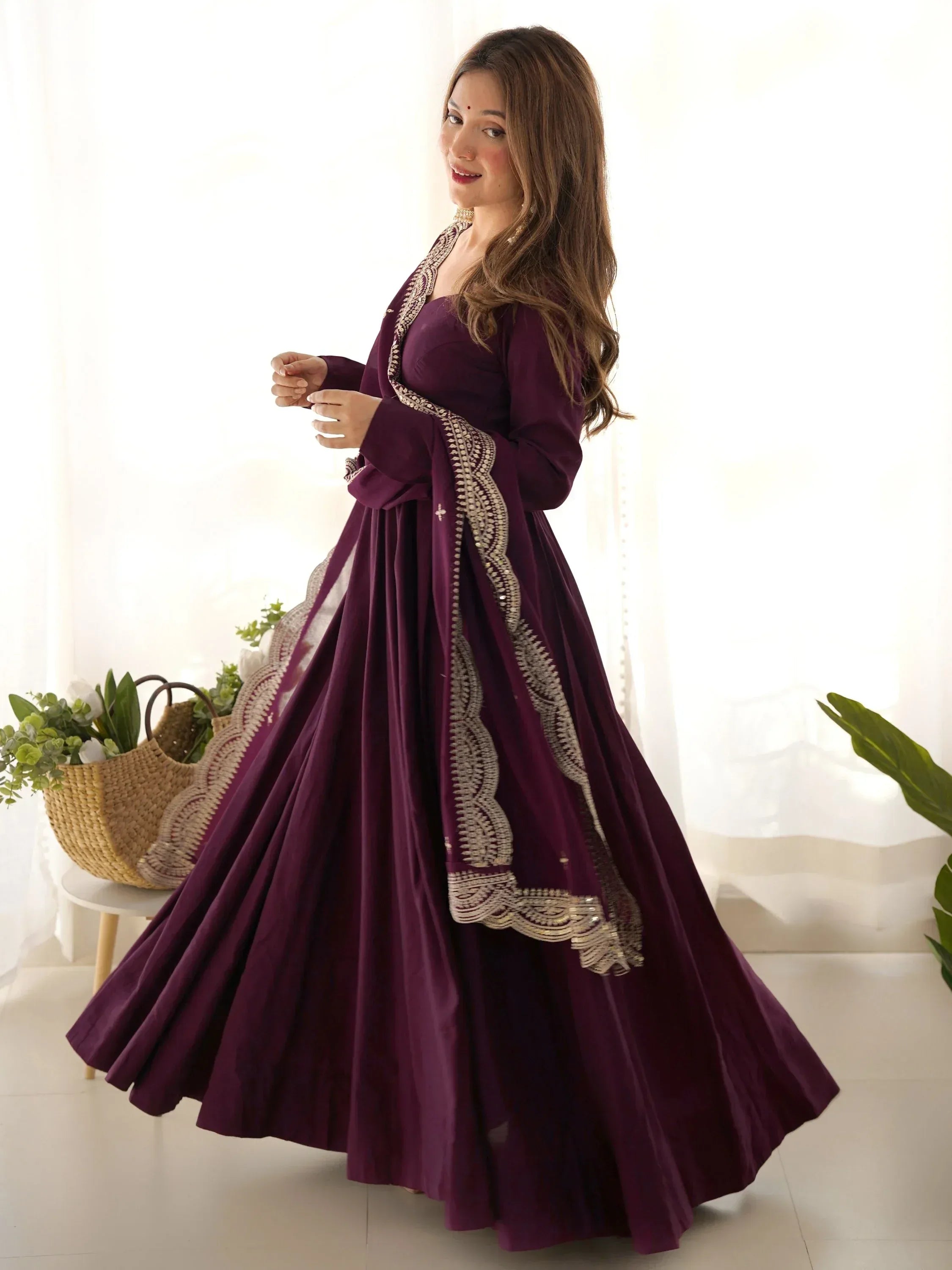Superior Wine Silk Anarkali Pant Suit With Embroidered Dupatta