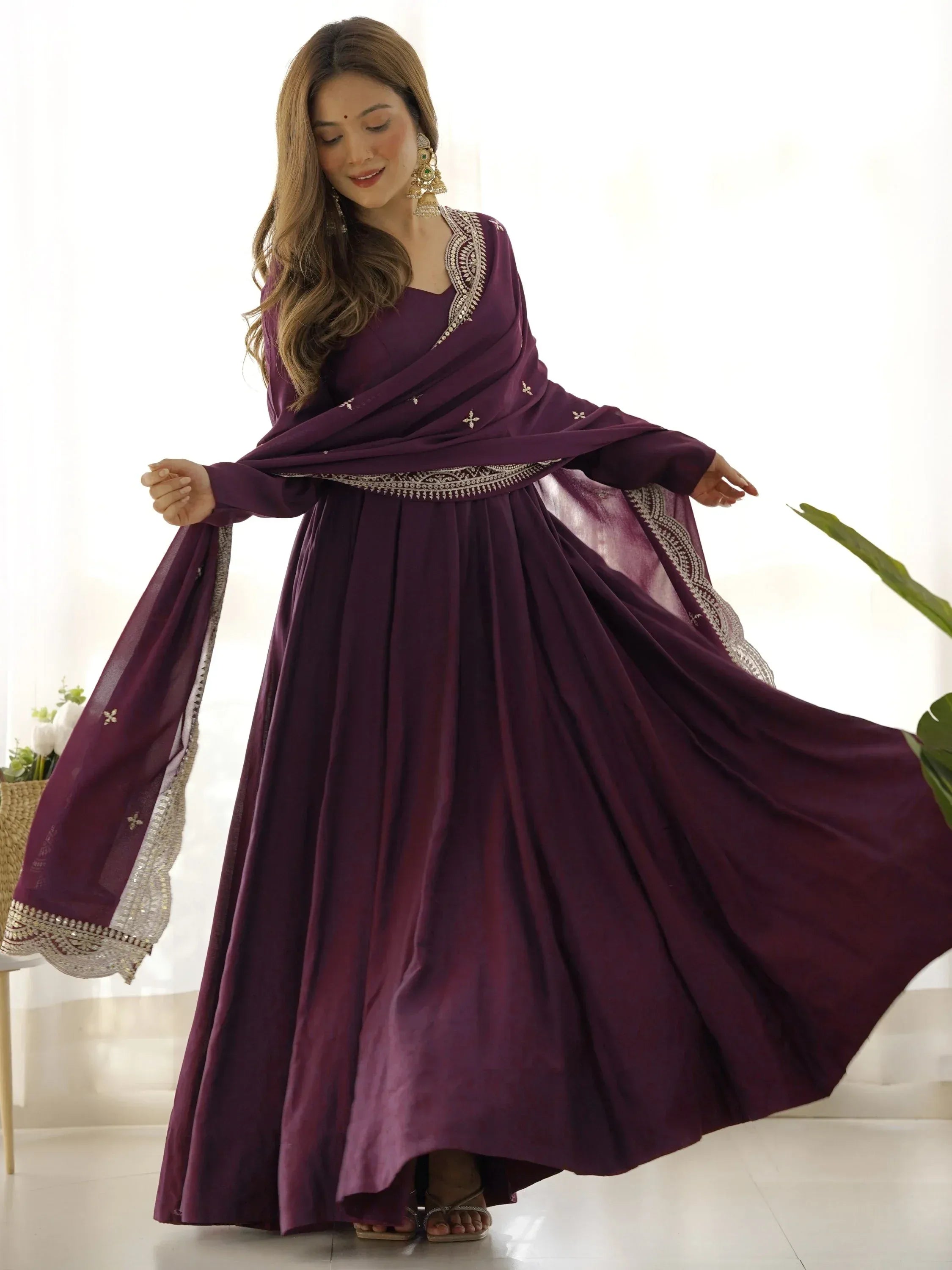 Superior Wine Silk Anarkali Pant Suit With Embroidered Dupatta