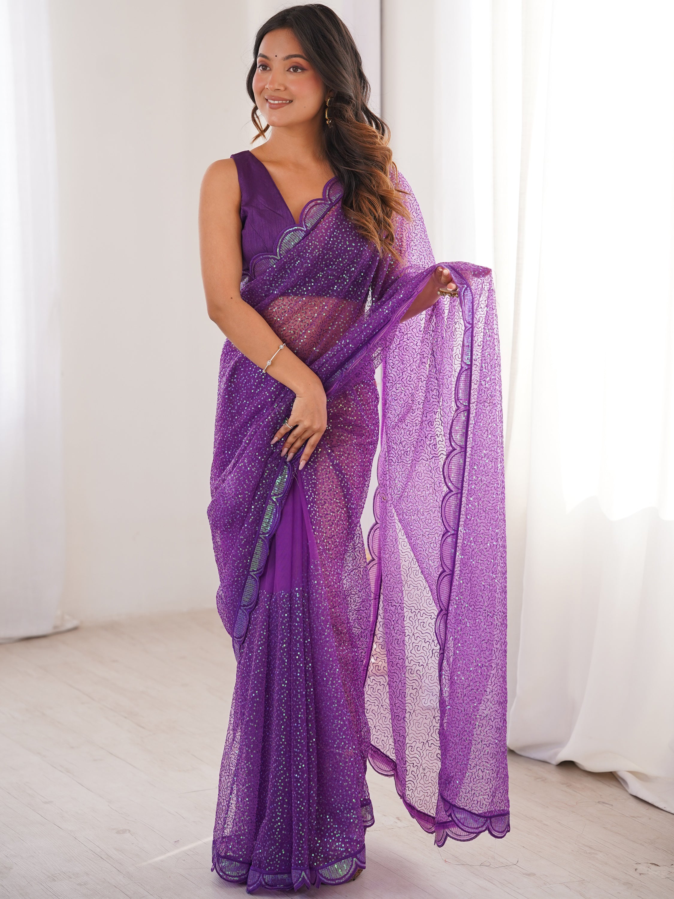 Sparkling Purple Sequins Silk Wedding Wear Saree With Blouse