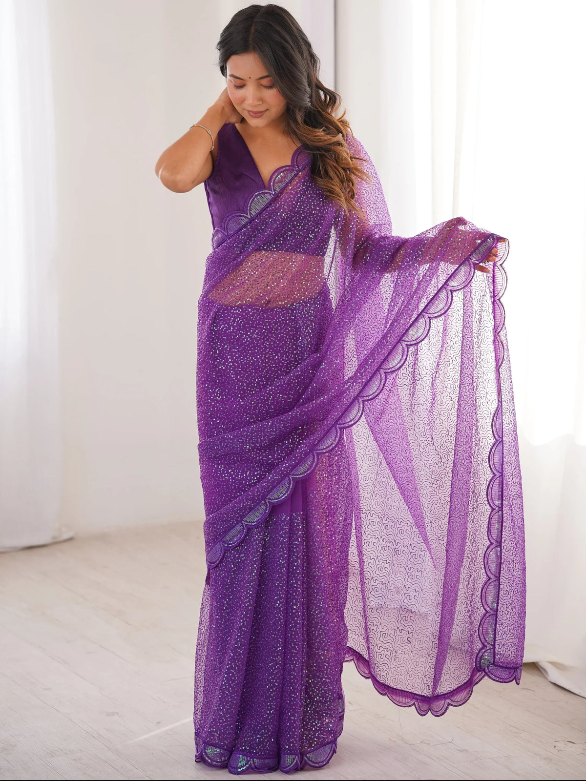 Sparkling Purple Sequins Silk Wedding Wear Saree With Blouse