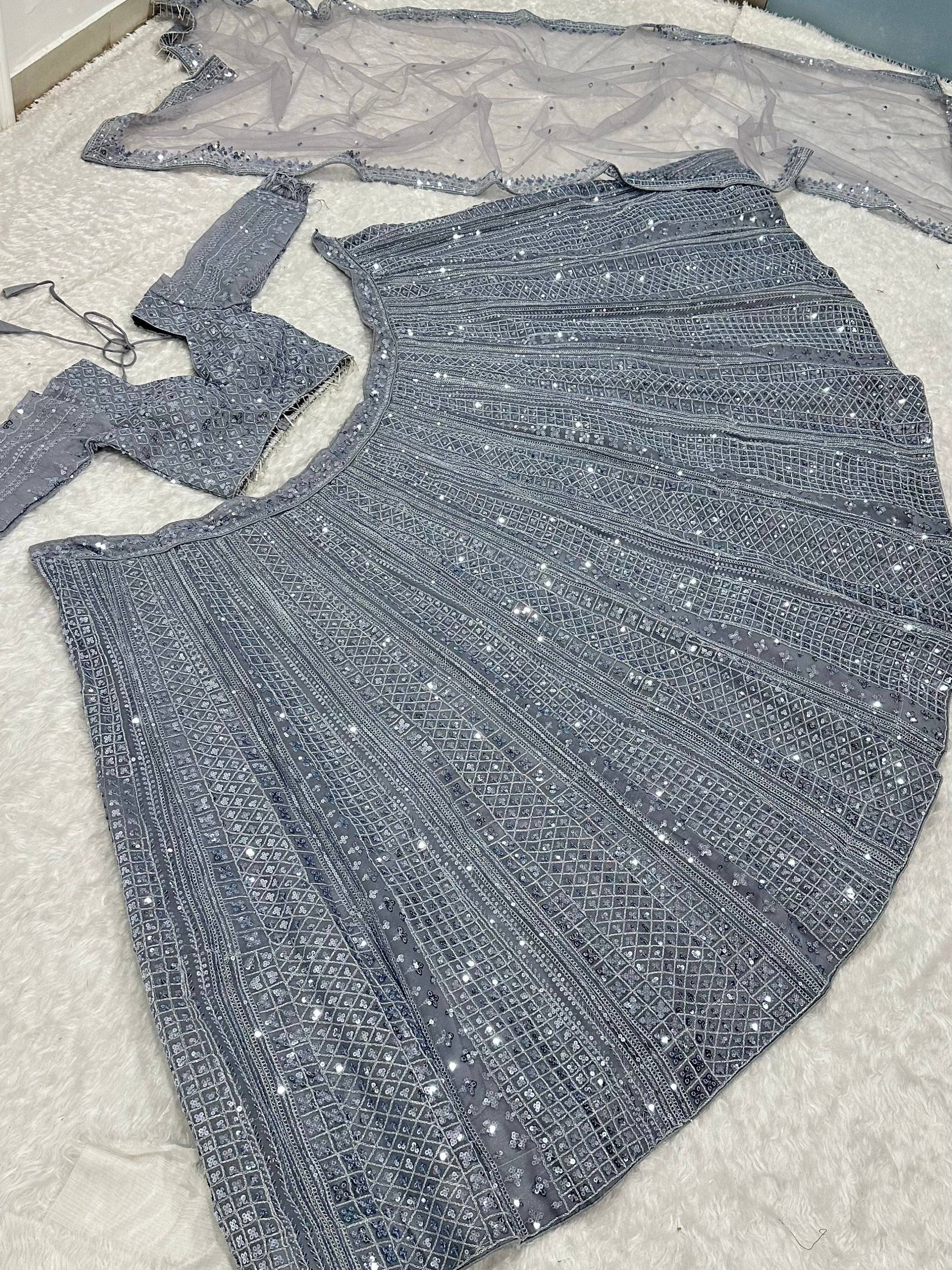 Sparkling Grey Silk Sequins Party Wear Lehenga Choli With Dupatta