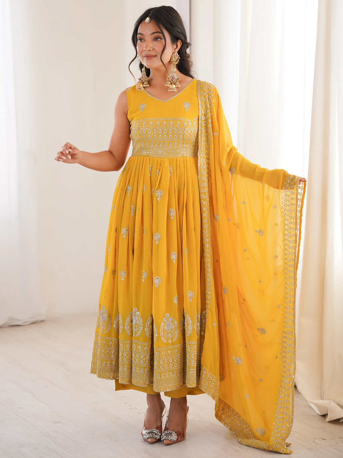 Excellent Mustard Yellow Embroidered Haldi Wear Anarkali Suit