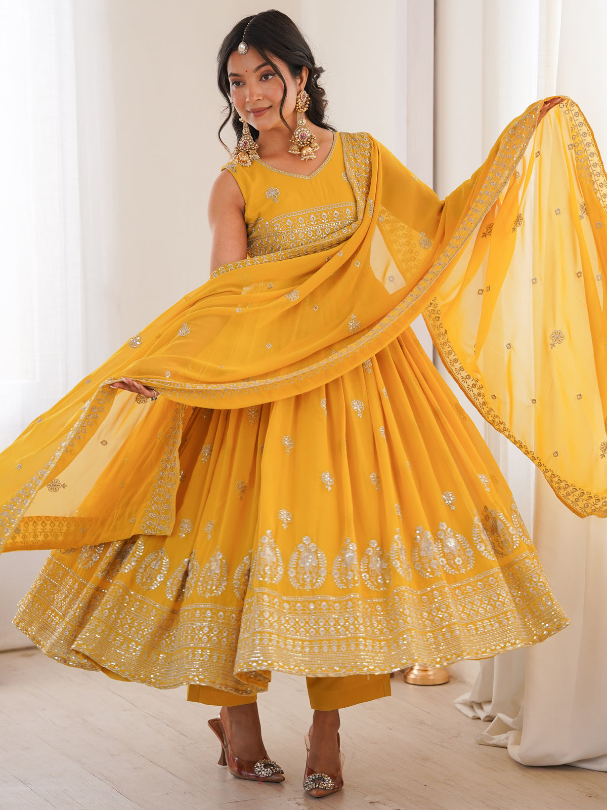 Excellent Mustard Yellow Embroidered Haldi Wear Anarkali Suit