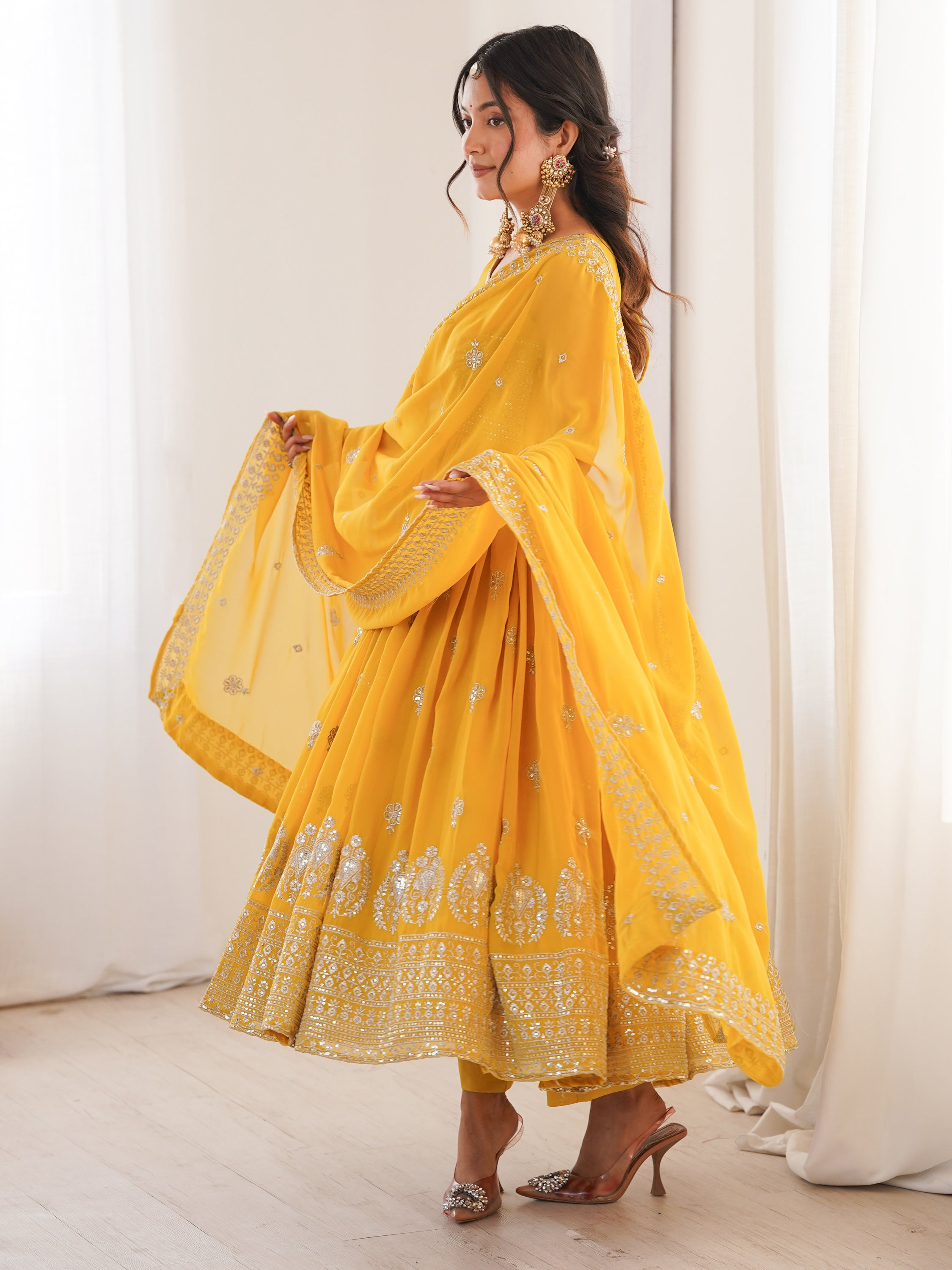 Excellent Mustard Yellow Embroidered Haldi Wear Anarkali Suit