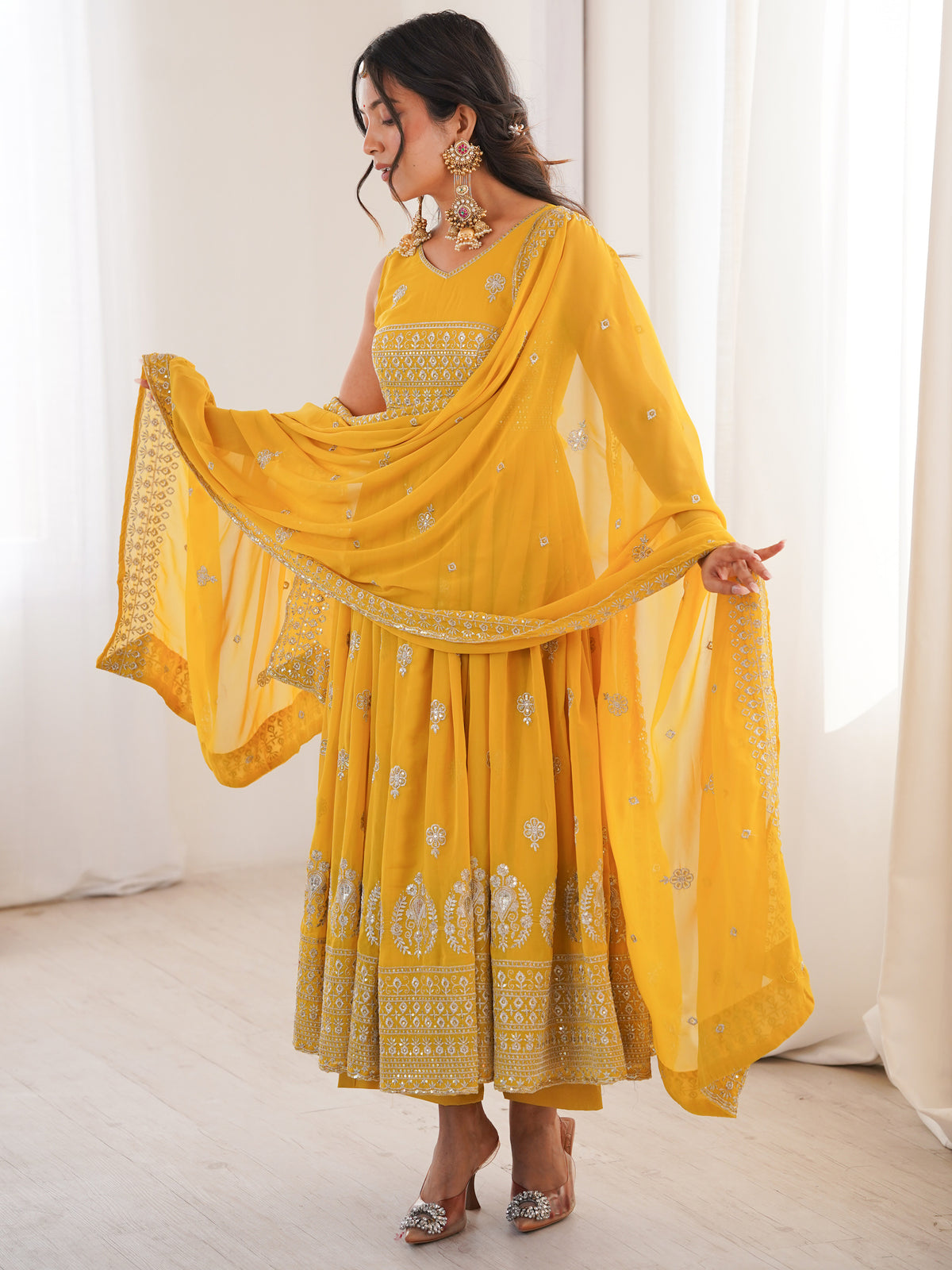 Excellent Mustard Yellow Embroidered Haldi Wear Anarkali Suit